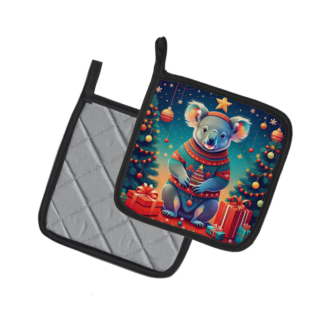 Koala Christmas Pot Holder Set of 2 Heat Resistant Quilted Hot Pads 7.5 x 7.5 Inch, Insulated Kitchen Trivets for Cooking & Baking