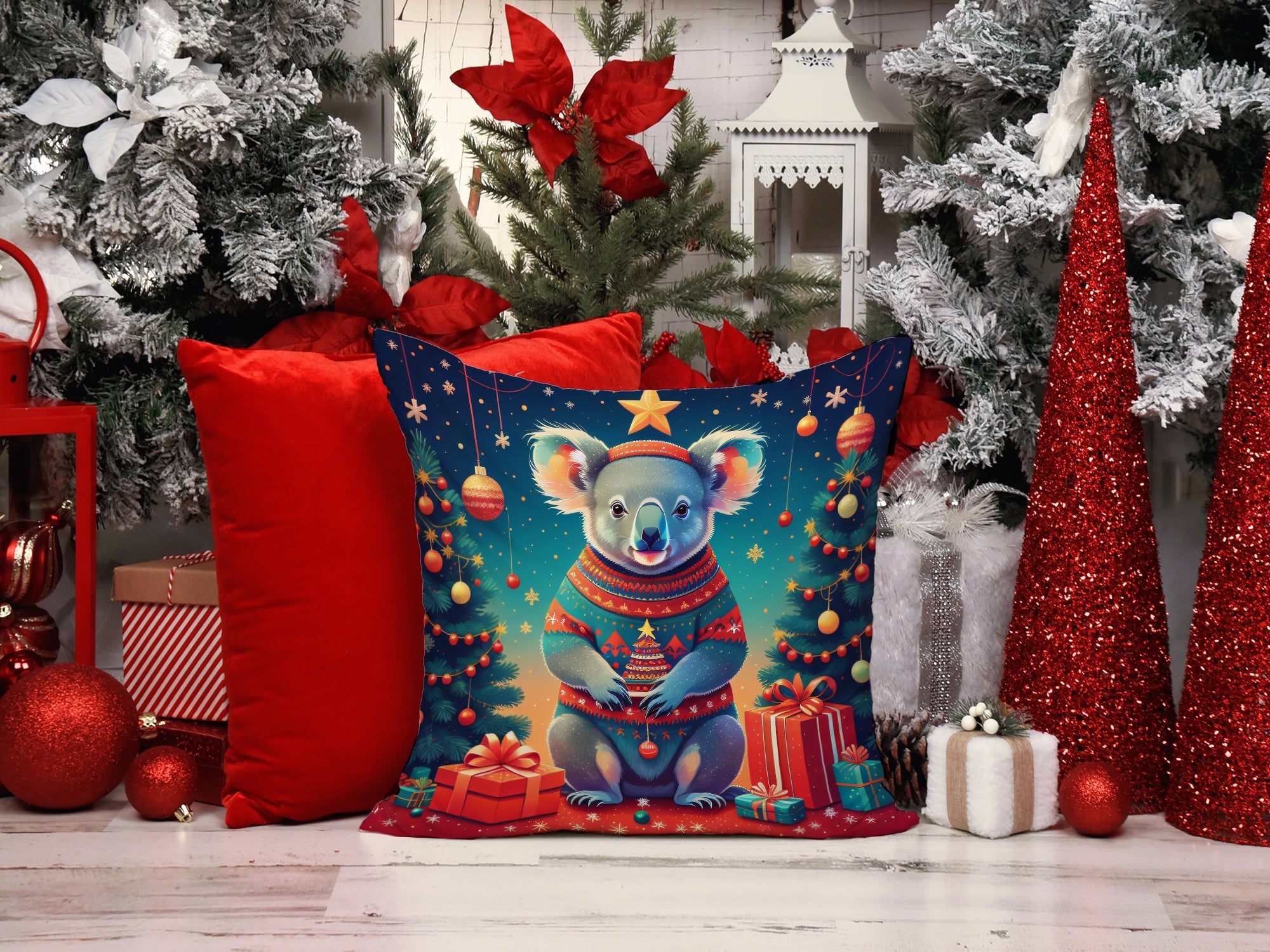Koala Christmas Decorative Throw Pillow 18x18 Indoor Outdoor Accent Cushion, Fabric Cover with Insert for Sofa, Bed, Porch & Living Room