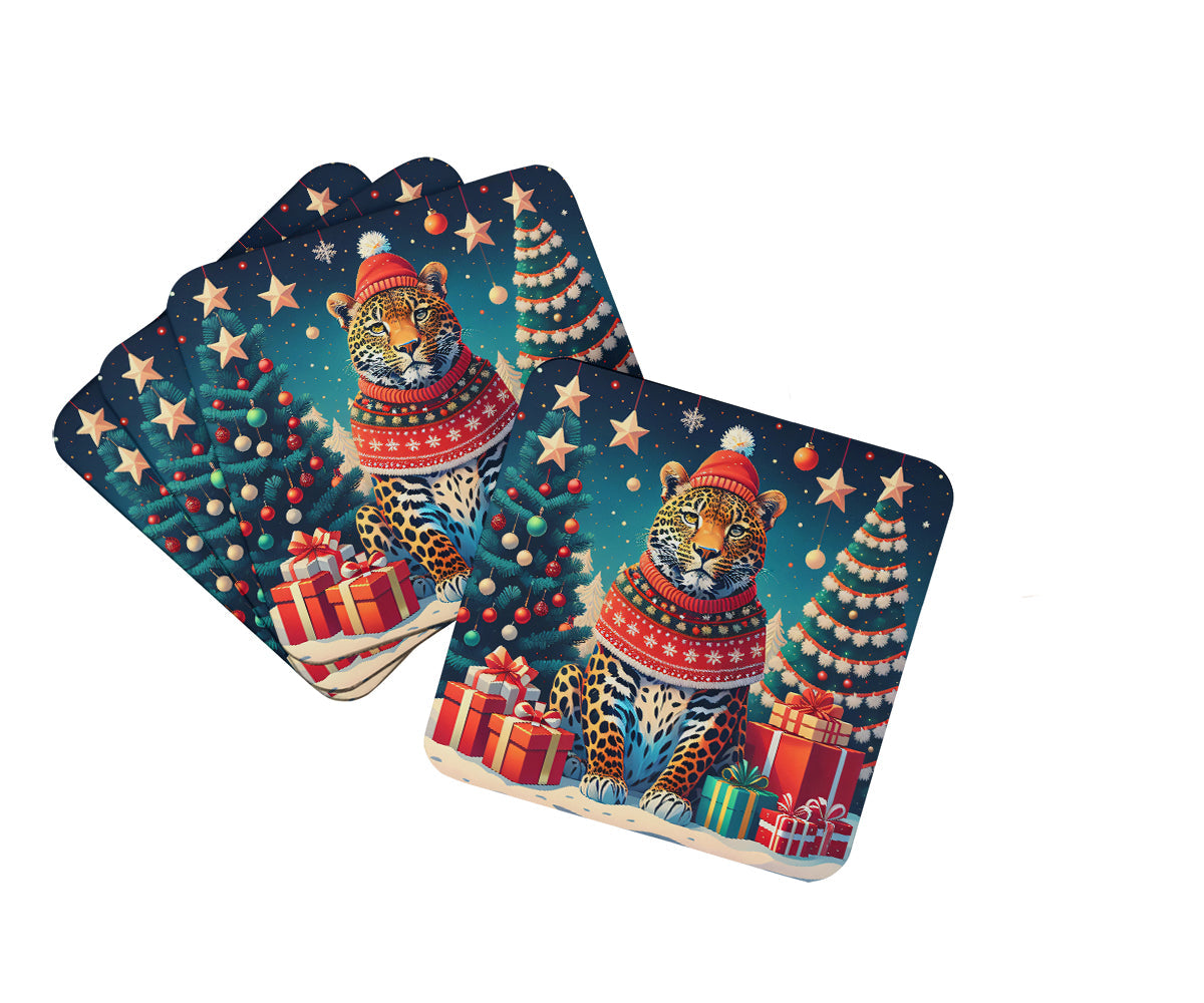 Leopard Christmas Foam Coasters Set of 4 Cup Coasters for Indoor Outdoor, Tabletop Protection, Anti Slip, Mouse pad Material