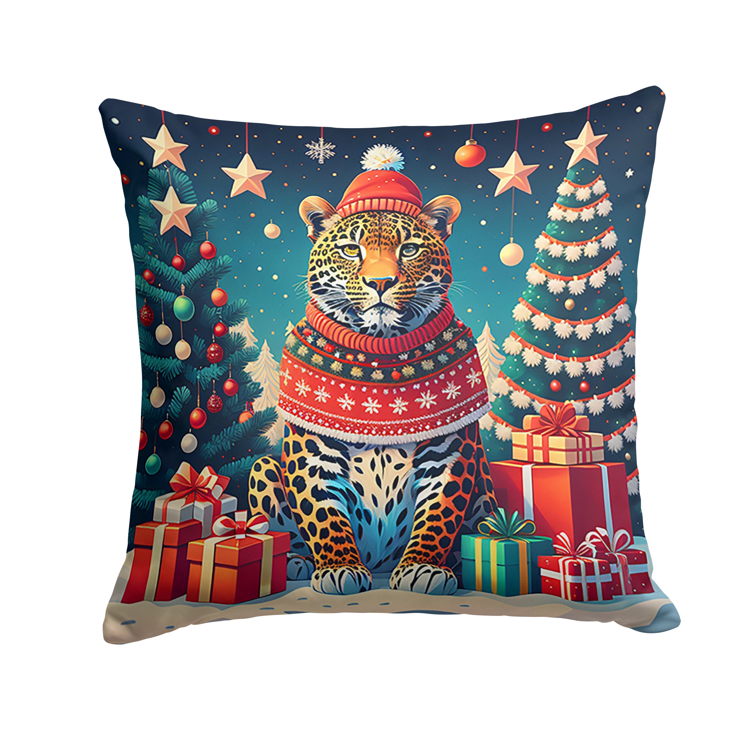 Leopard Christmas Decorative Throw Pillow 18x18 Indoor Outdoor Accent Cushion, Fabric Cover with Insert for Sofa, Bed, Porch & Living Room