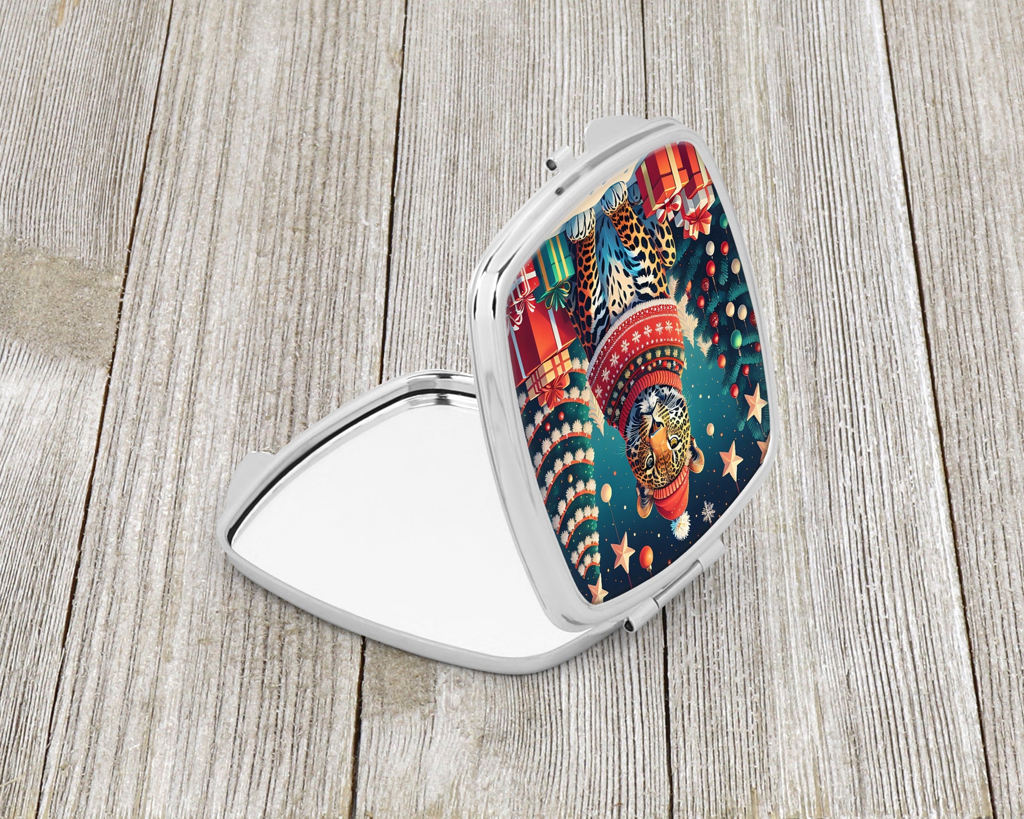 Leopard Christmas Compact Mirror Decorative Travel Makeup Mirror for Women Girls Gifts Pocket Makeup Mirror Folding Handheld