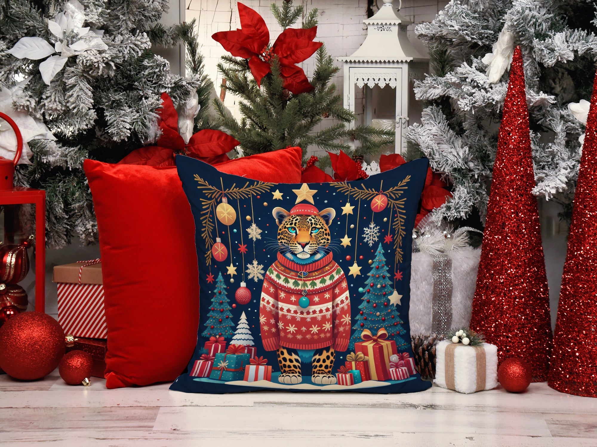 Leopard Christmas Decorative Throw Pillow 14x14 Indoor Outdoor Accent Cushion, Fabric Cover with Insert for Sofa, Bed, Porch & Living Room