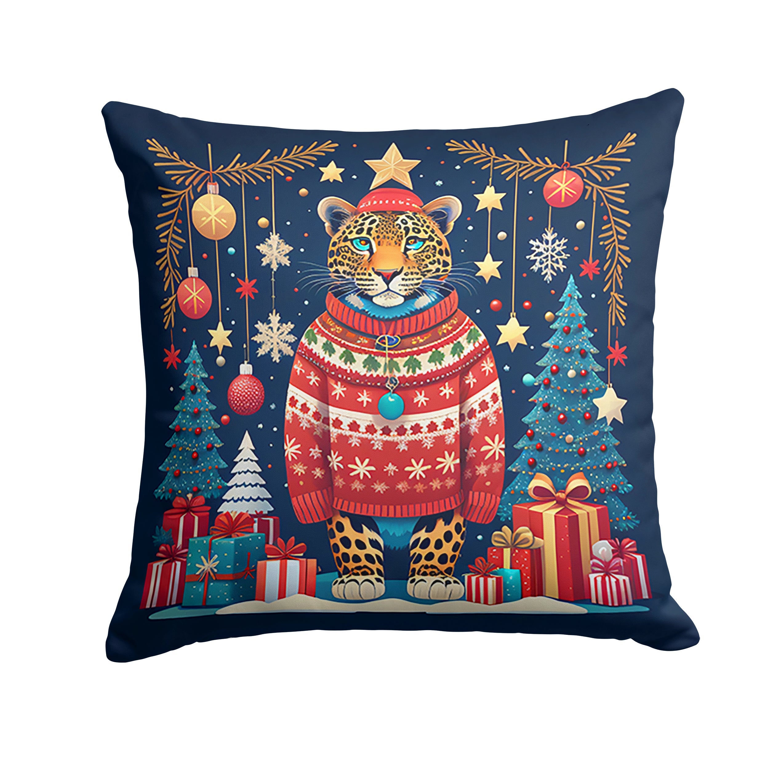 Leopard Christmas Decorative Throw Pillow 18x18 Indoor Outdoor Accent Cushion, Fabric Cover with Insert for Sofa, Bed, Porch & Living Room