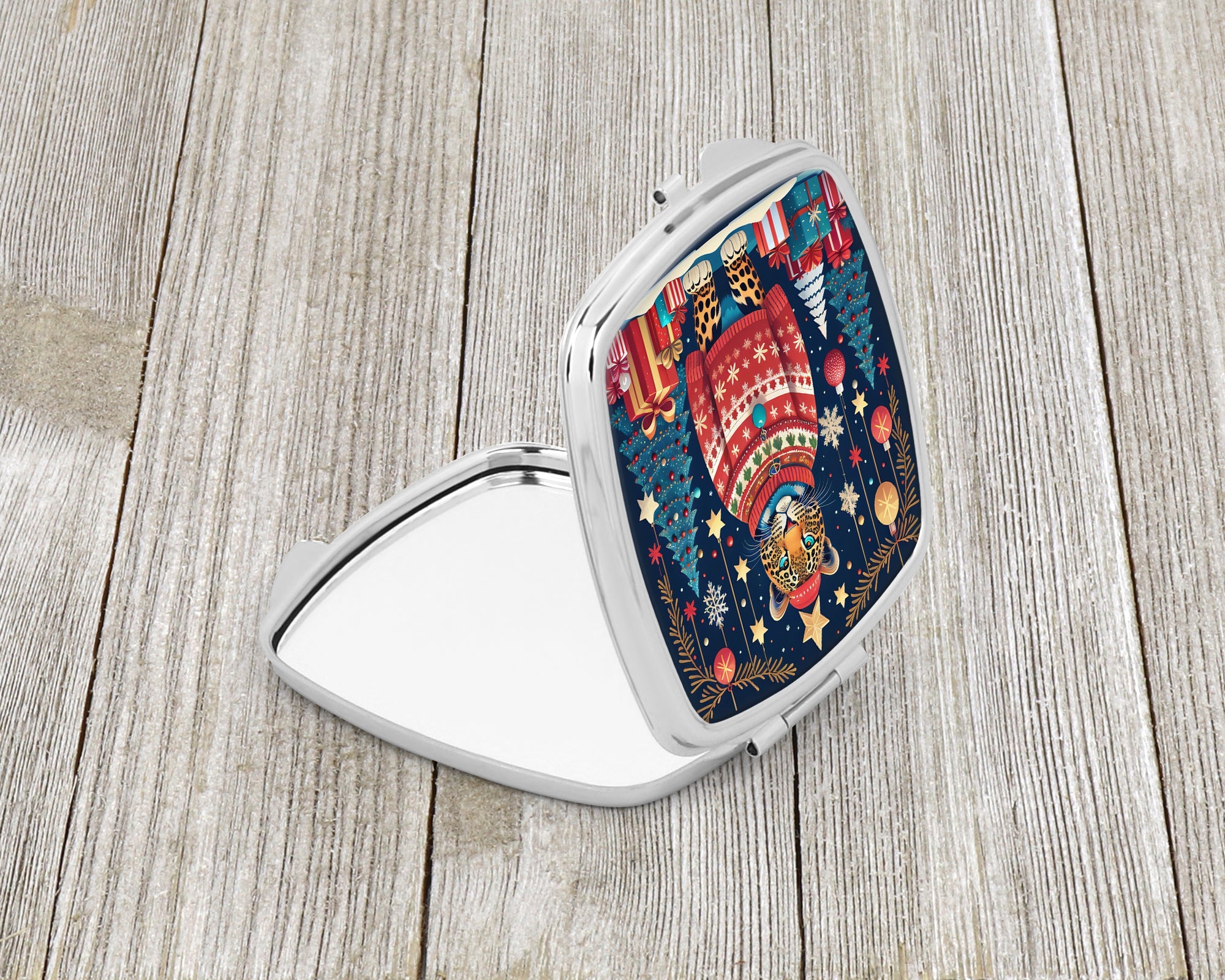 Leopard Christmas Compact Mirror Decorative Travel Makeup Mirror for Women Girls Gifts Pocket Makeup Mirror Folding Handheld