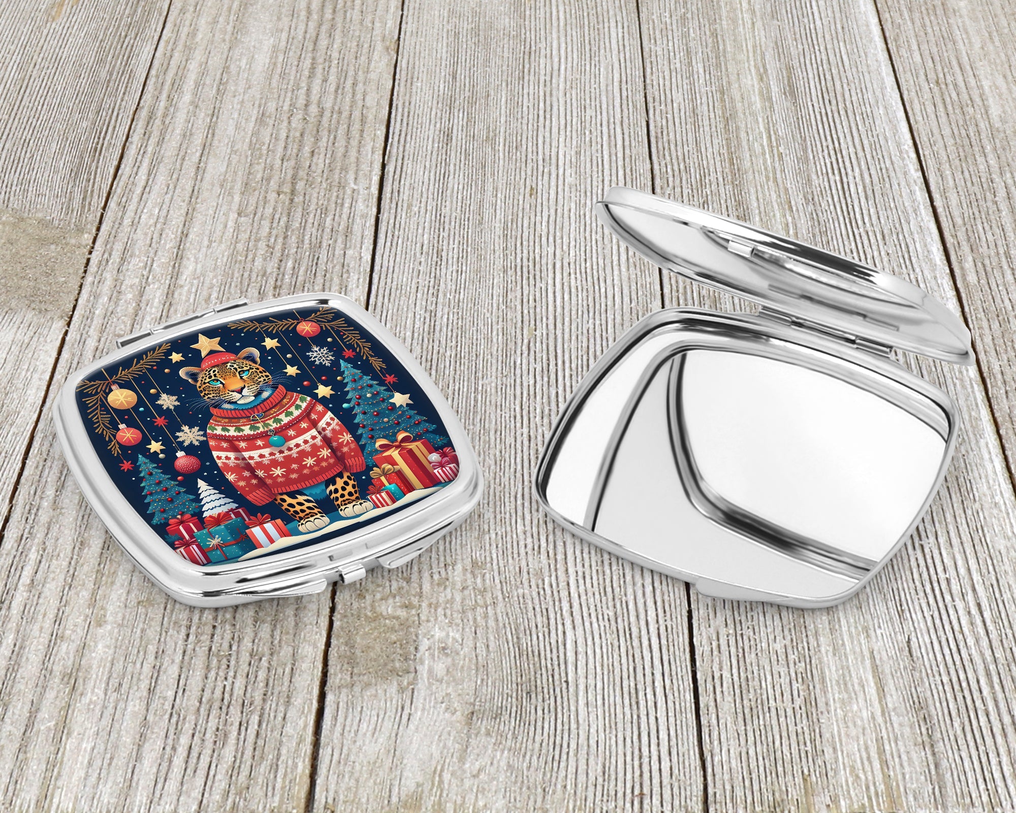 Leopard Christmas Compact Mirror Decorative Travel Makeup Mirror for Women Girls Gifts Pocket Makeup Mirror Folding Handheld