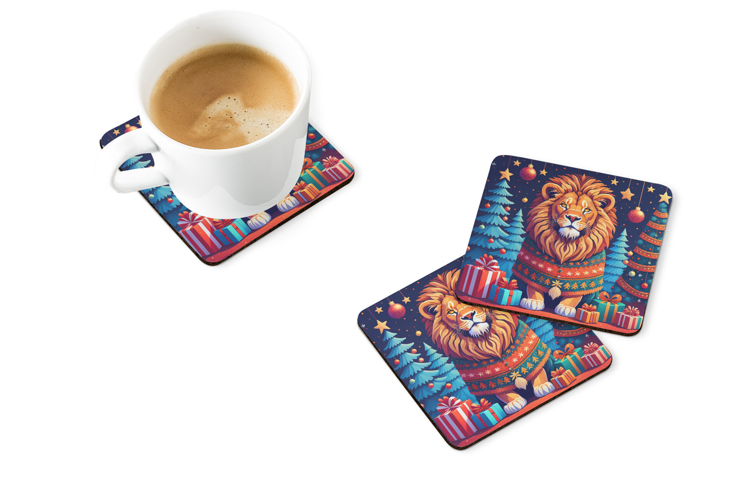Lion Christmas Foam Coasters Set of 4 Cup Coasters for Indoor Outdoor, Tabletop Protection, Anti Slip, Mouse pad Material