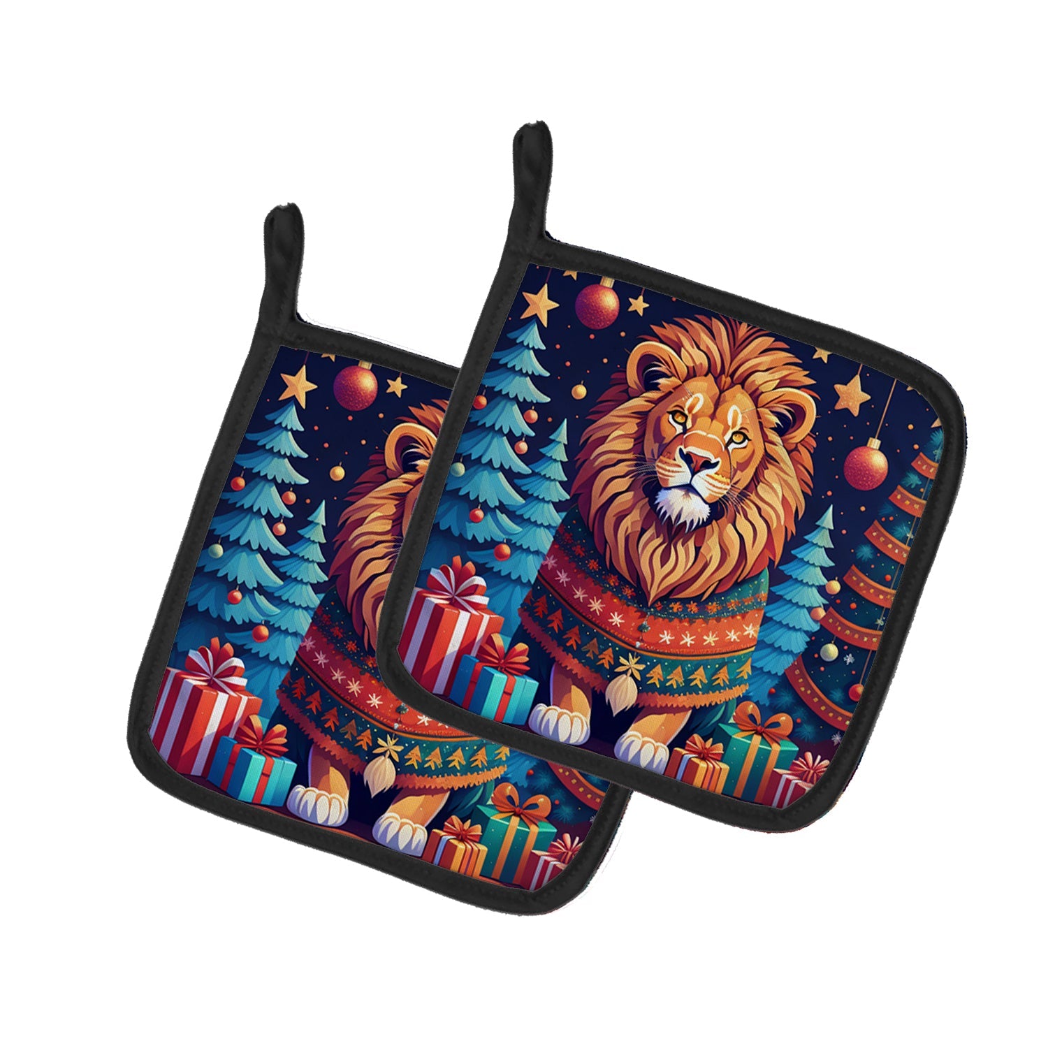 Lion Christmas Pot Holder Set of 2 Heat Resistant Quilted Hot Pads 7.5 x 7.5 Inch, Insulated Kitchen Trivets for Cooking & Baking