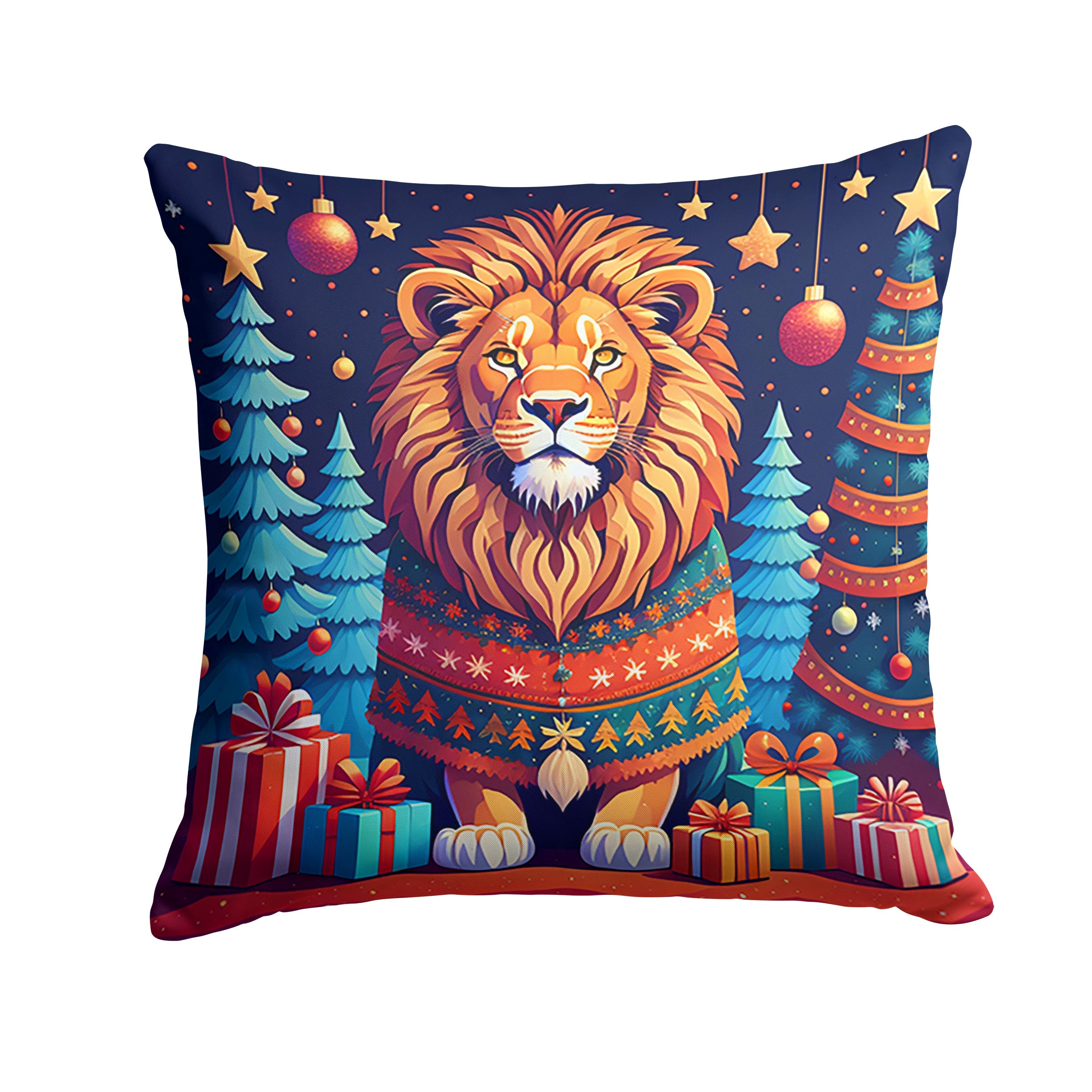 Lion Christmas Decorative Throw Pillow 18x18 Indoor Outdoor Accent Cushion, Fabric Cover with Insert for Sofa, Bed, Porch & Living Room