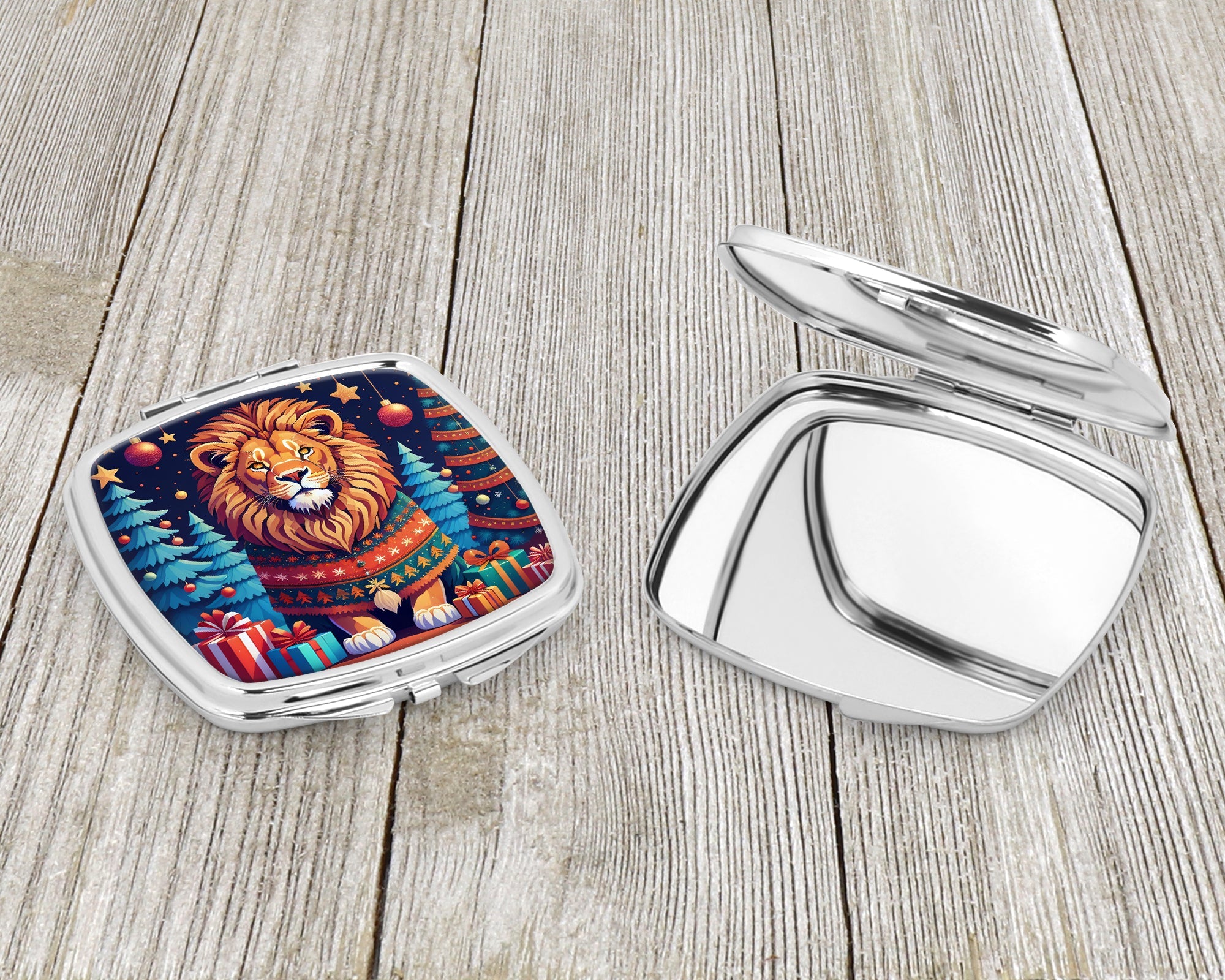 Lion Christmas Compact Mirror Decorative Travel Makeup Mirror for Women Girls Gifts Pocket Makeup Mirror Folding Handheld