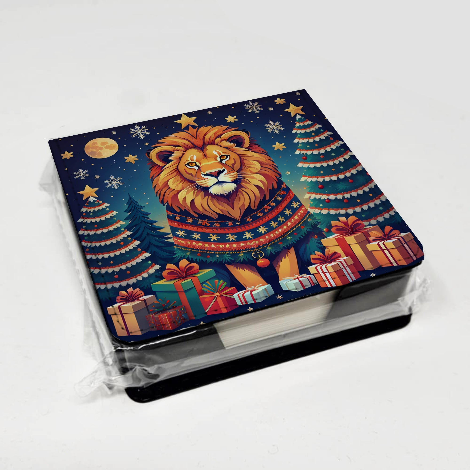 Lion Christmas PU Leather Note Paper Holder with Artist-Designed Cover, Desk Accessory, Office Gift