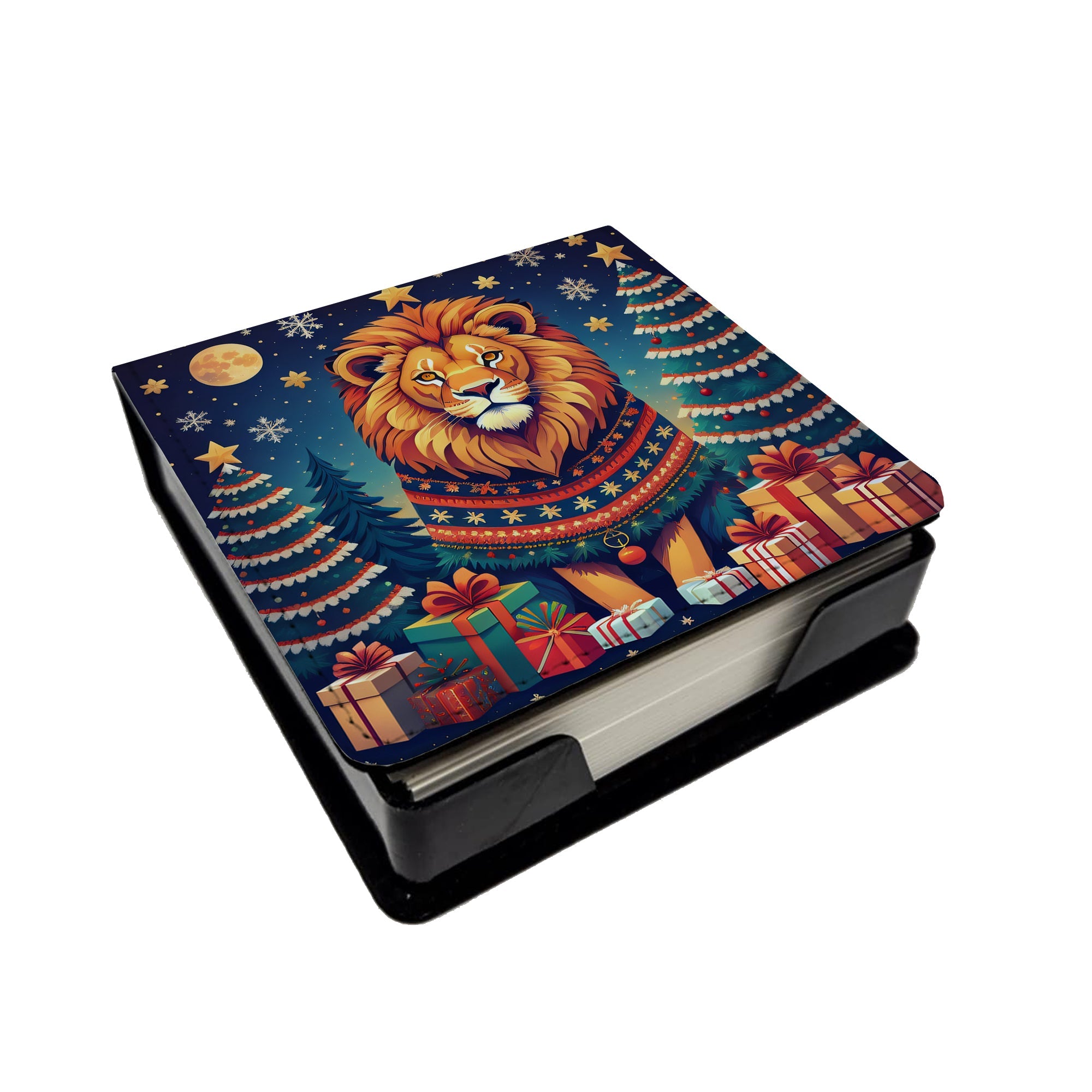 Lion Christmas PU Leather Note Paper Holder with Artist-Designed Cover, Desk Accessory, Office Gift