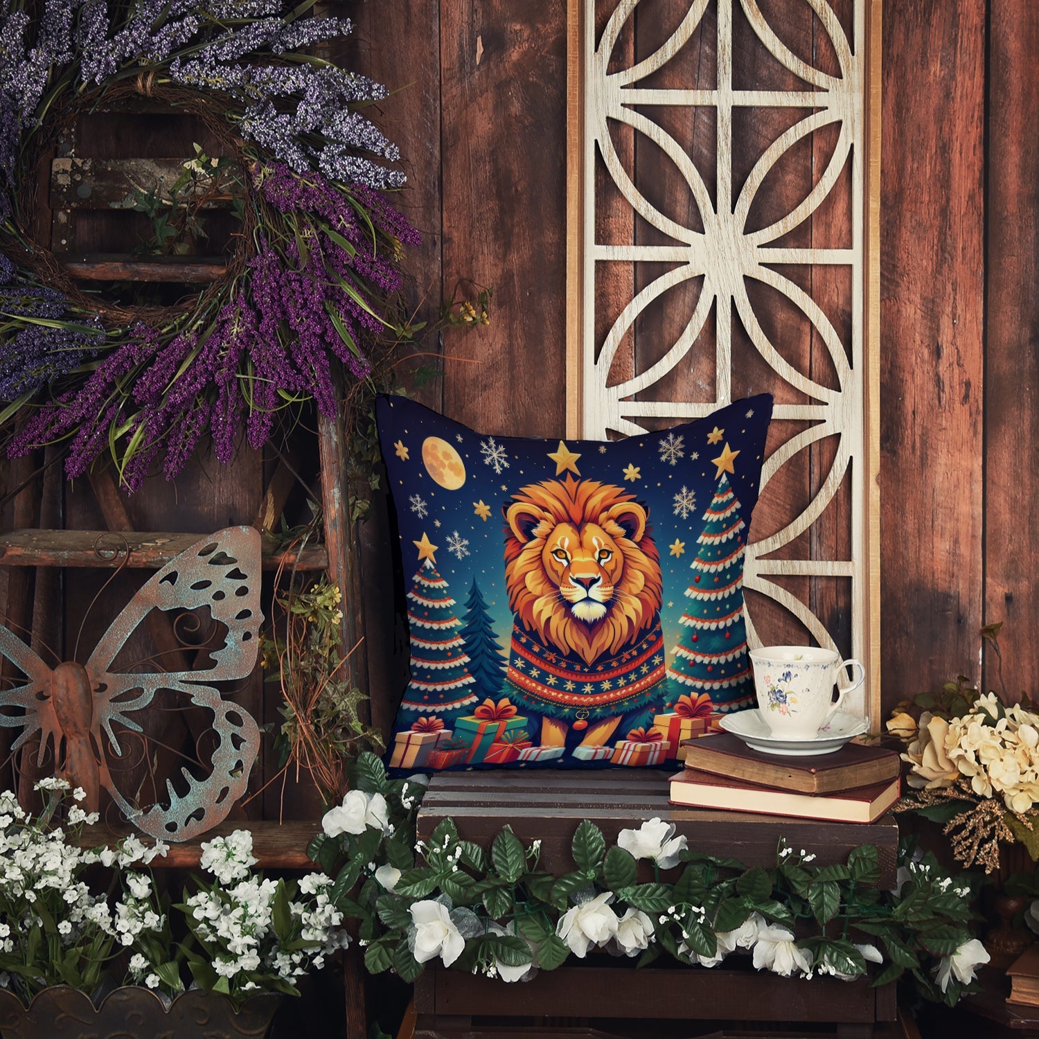Lion Christmas Decorative Throw Pillow 18x18 Indoor Outdoor Accent Cushion, Fabric Cover with Insert for Sofa, Bed, Porch & Living Room