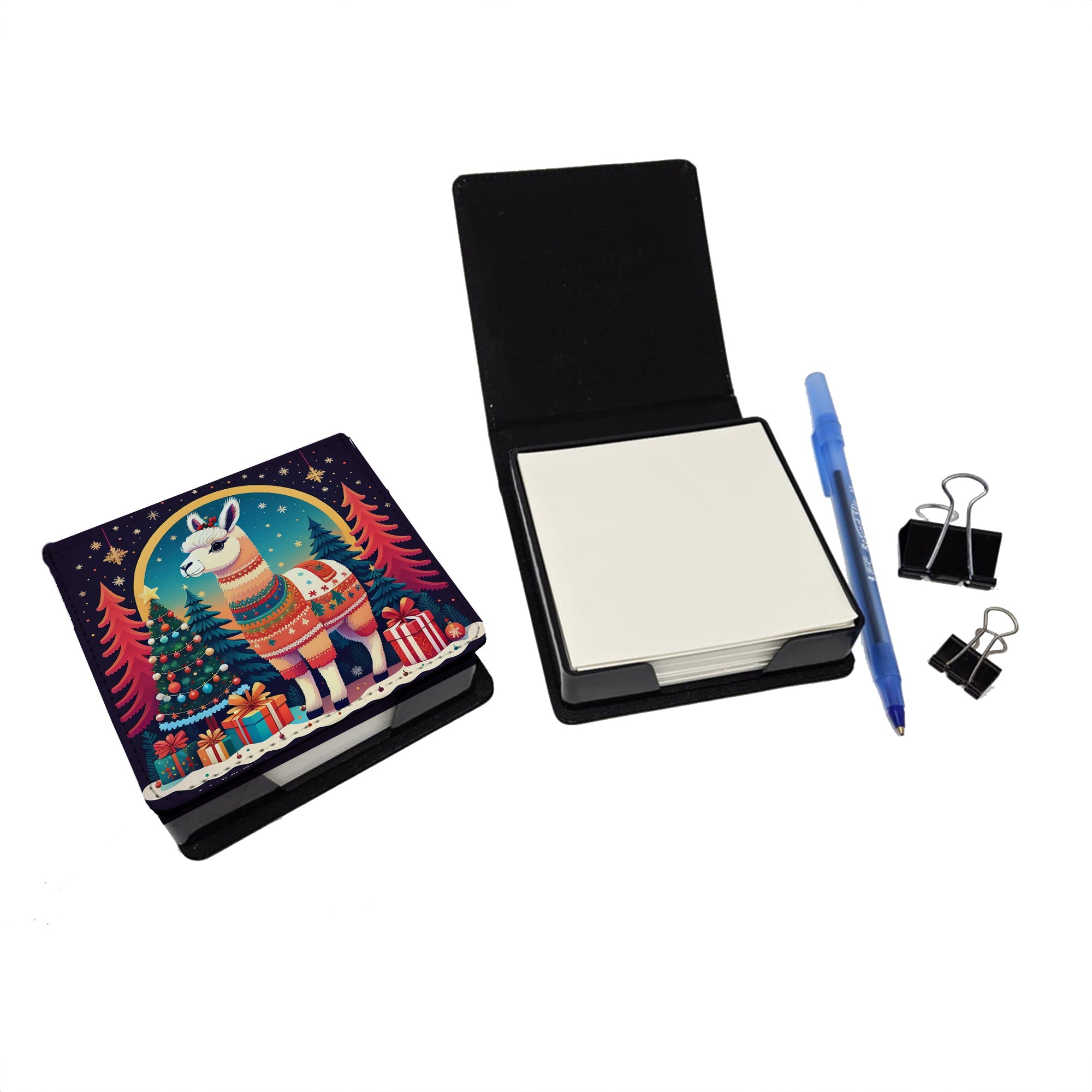 Llama Christmas PU Leather Note Paper Holder with Artist-Designed Cover, Desk Accessory, Office Gift
