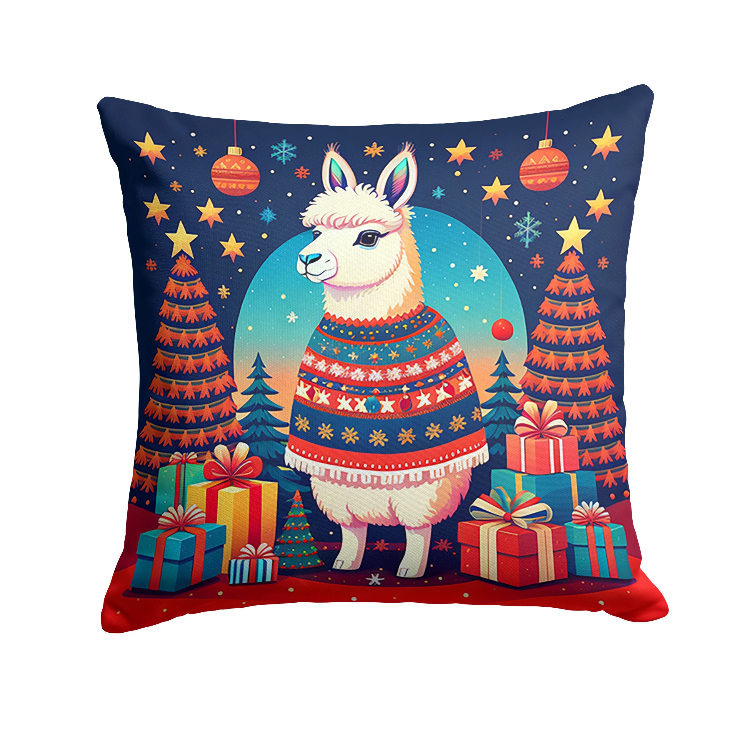 Llama Christmas Decorative Throw Pillow 14x14 Indoor Outdoor Accent Cushion, Fabric Cover with Insert for Sofa, Bed, Porch & Living Room