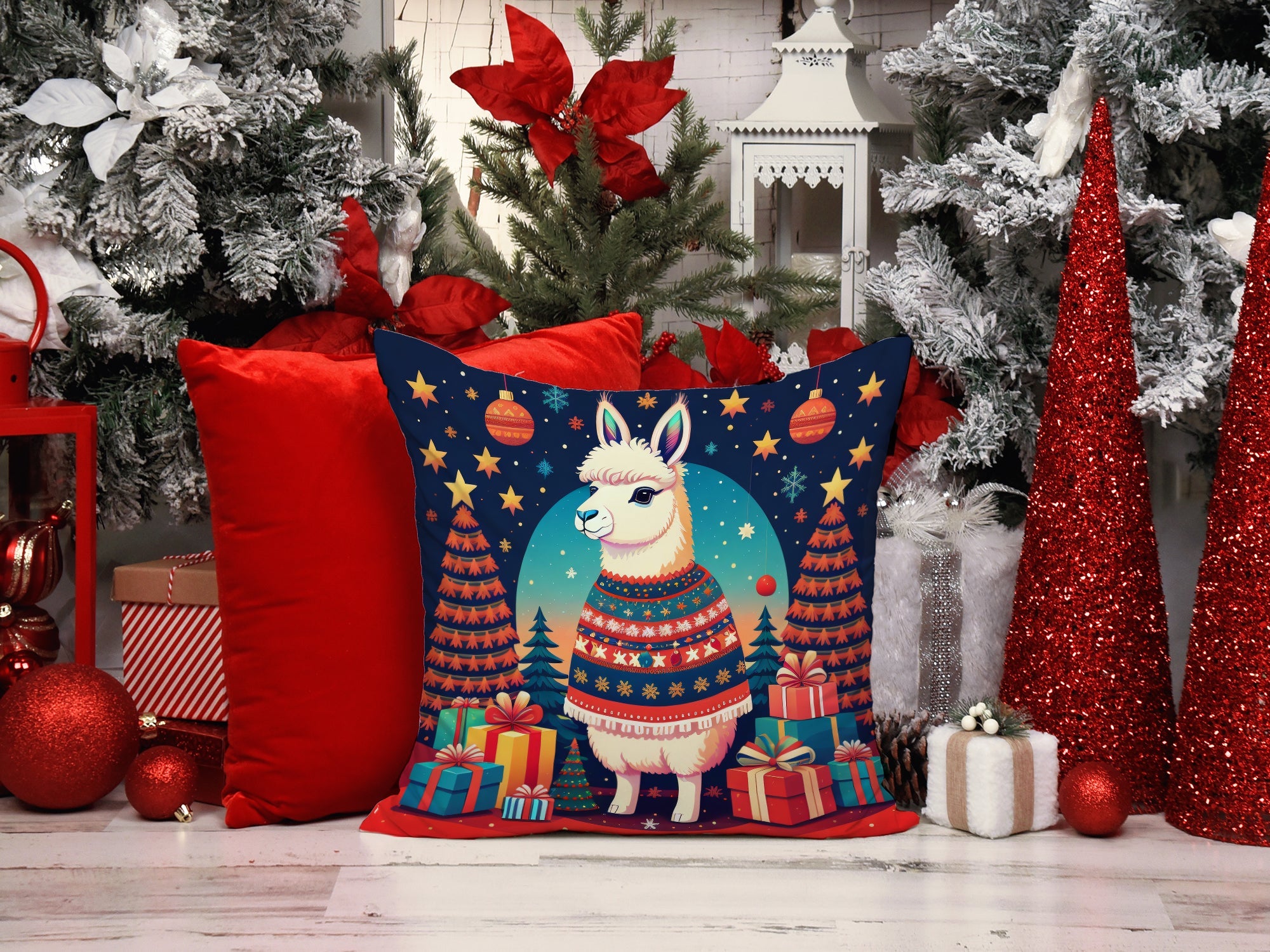 Llama Christmas Decorative Throw Pillow 14x14 Indoor Outdoor Accent Cushion, Fabric Cover with Insert for Sofa, Bed, Porch & Living Room