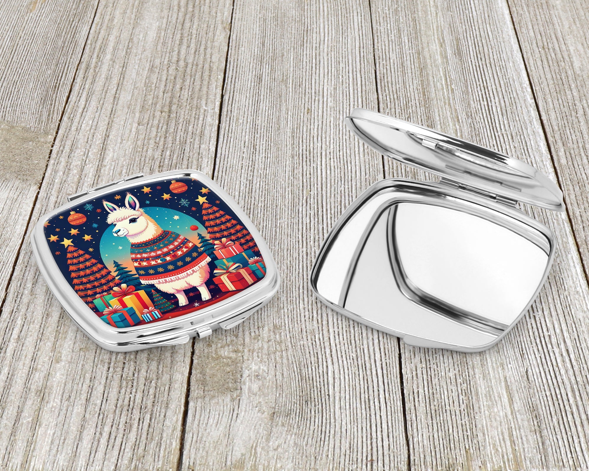 Llama Christmas Compact Mirror Decorative Travel Makeup Mirror for Women Girls Gifts Pocket Makeup Mirror Folding Handheld