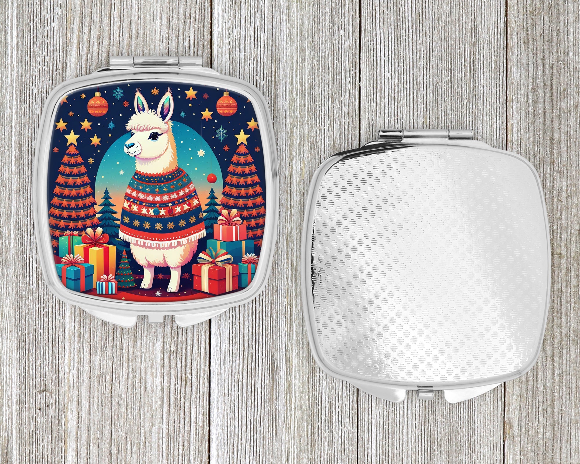 Llama Christmas Compact Mirror Decorative Travel Makeup Mirror for Women Girls Gifts Pocket Makeup Mirror Folding Handheld
