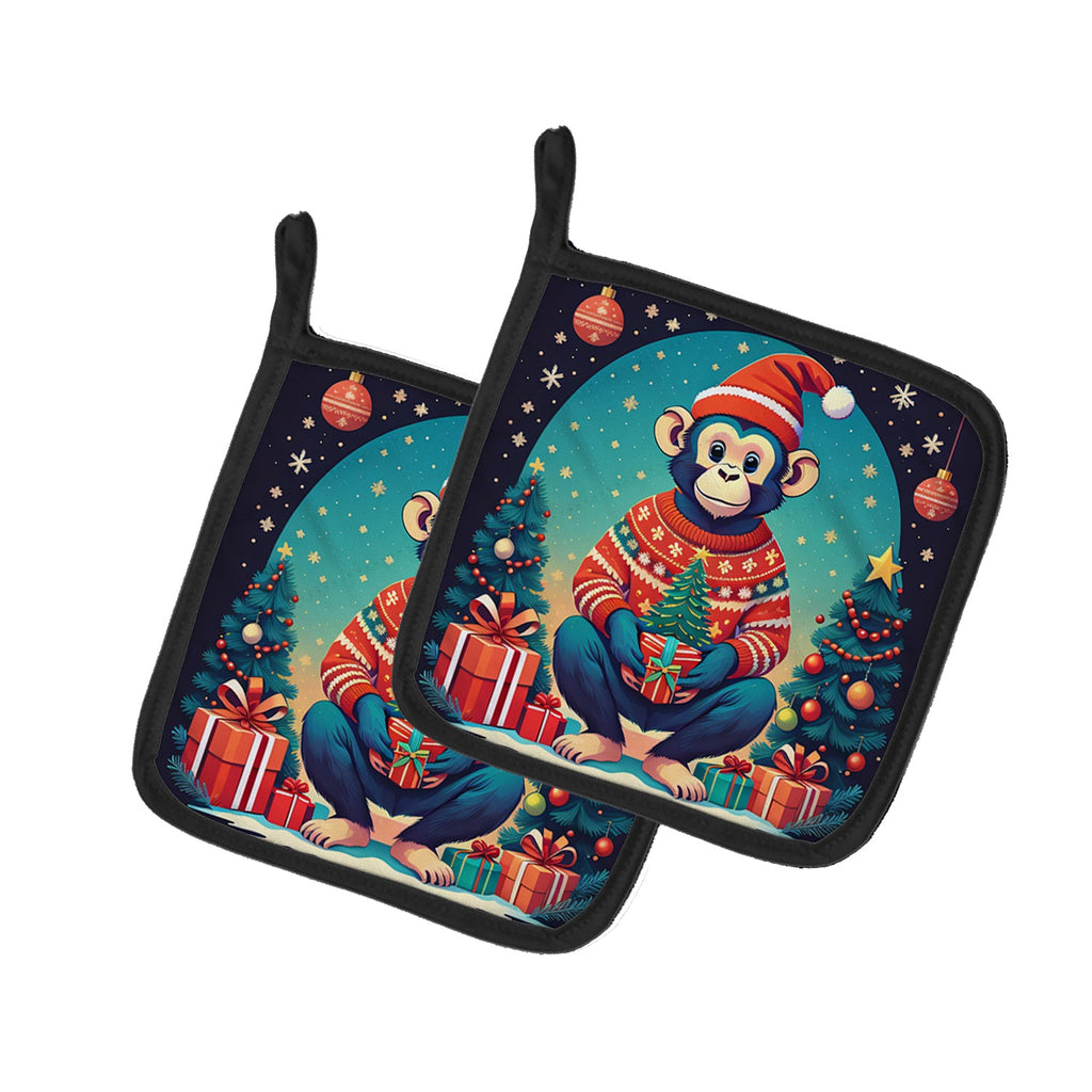 Monkey Christmas Pot Holder Set of 2 Heat Resistant Quilted Hot Pads 7.5 x 7.5 Inch, Insulated Kitchen Trivets for Cooking & Baking