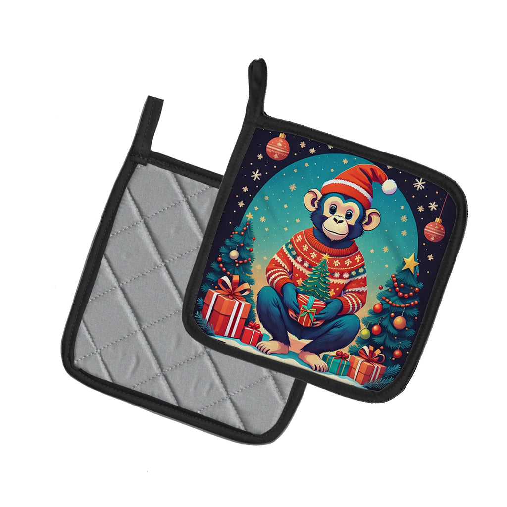 Monkey Christmas Pot Holder Set of 2 Heat Resistant Quilted Hot Pads 7.5 x 7.5 Inch, Insulated Kitchen Trivets for Cooking & Baking
