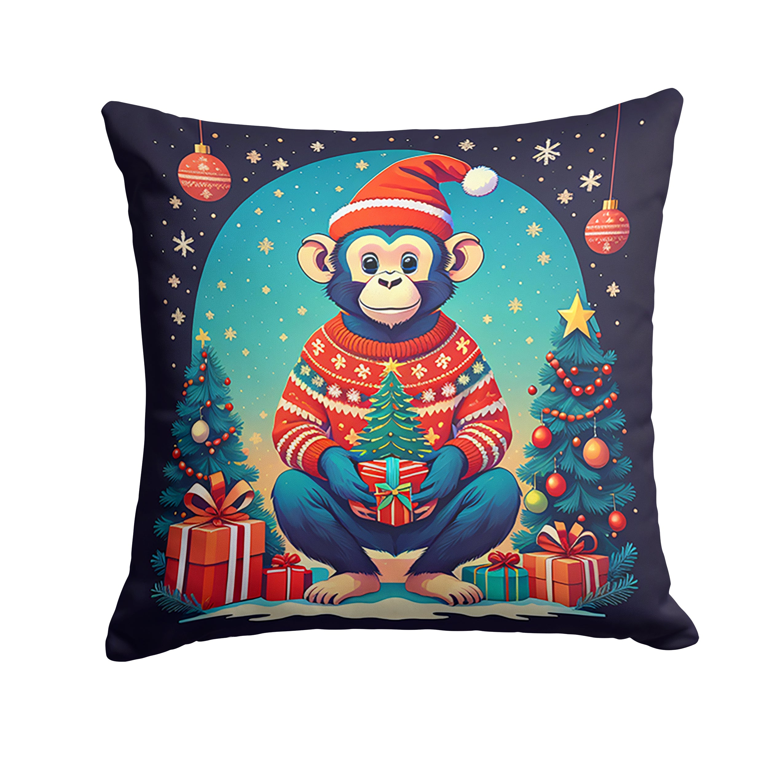 Monkey Christmas Decorative Throw Pillow 18x18 Indoor Outdoor Accent Cushion, Fabric Cover with Insert for Sofa, Bed, Porch & Living Room