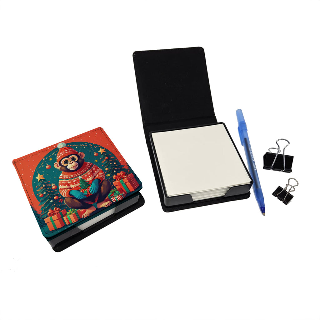Monkey Christmas PU Leather Note Paper Holder with Artist-Designed Cover, Desk Accessory, Office Gift