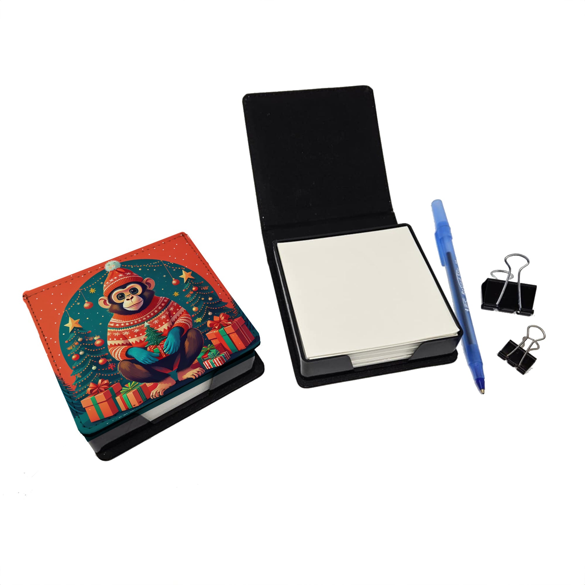 Monkey Christmas PU Leather Note Paper Holder with Artist-Designed Cover, Desk Accessory, Office Gift