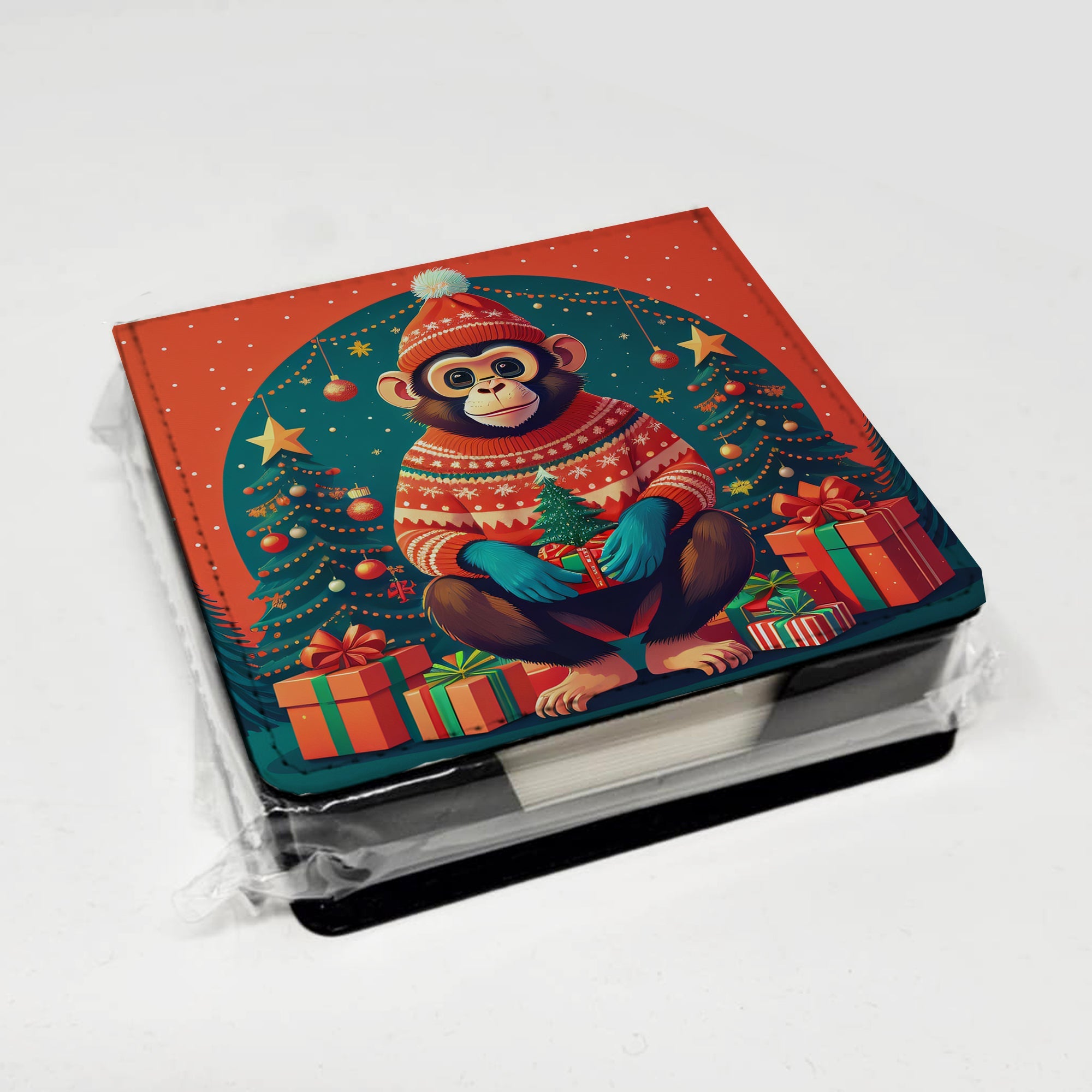 Monkey Christmas PU Leather Note Paper Holder with Artist-Designed Cover, Desk Accessory, Office Gift