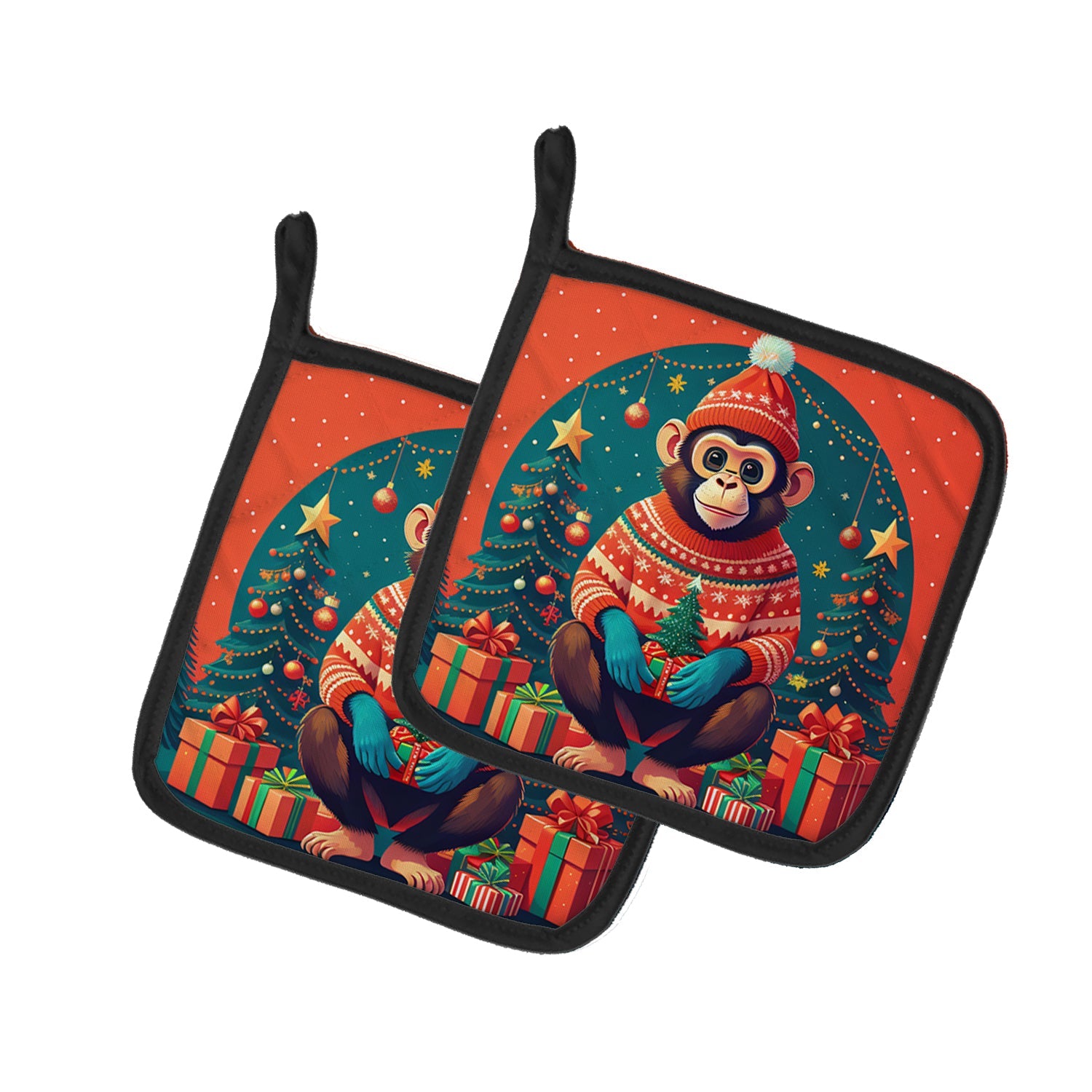 Monkey Christmas Pot Holder Set of 2 Heat Resistant Quilted Hot Pads 7.5 x 7.5 Inch, Insulated Kitchen Trivets for Cooking & Baking
