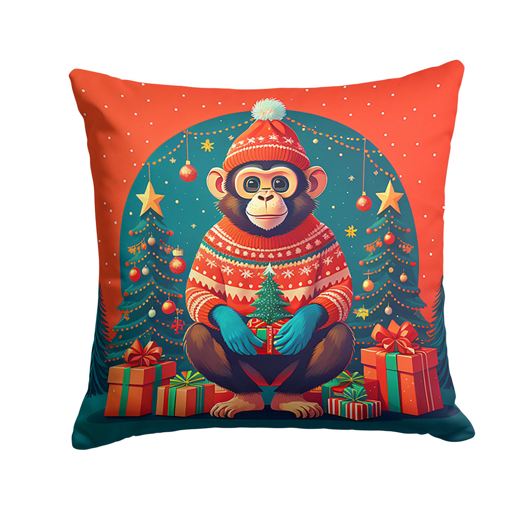 Monkey Christmas Decorative Throw Pillow 14x14 Indoor Outdoor Accent Cushion, Fabric Cover with Insert for Sofa, Bed, Porch & Living Room