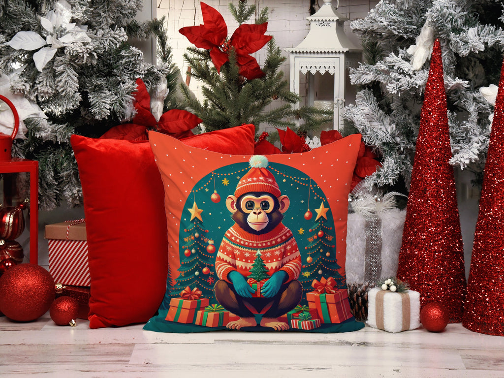 Monkey Christmas Decorative Throw Pillow 14x14 Indoor Outdoor Accent Cushion, Fabric Cover with Insert for Sofa, Bed, Porch & Living Room