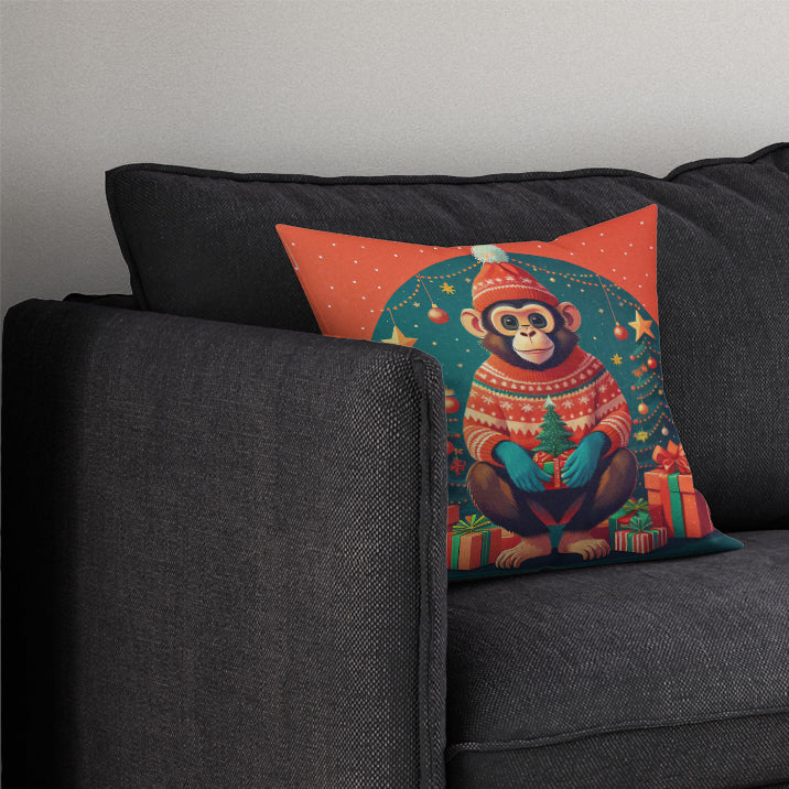 Monkey Christmas Decorative Throw Pillow 14x14 Indoor Outdoor Accent Cushion, Fabric Cover with Insert for Sofa, Bed, Porch & Living Room