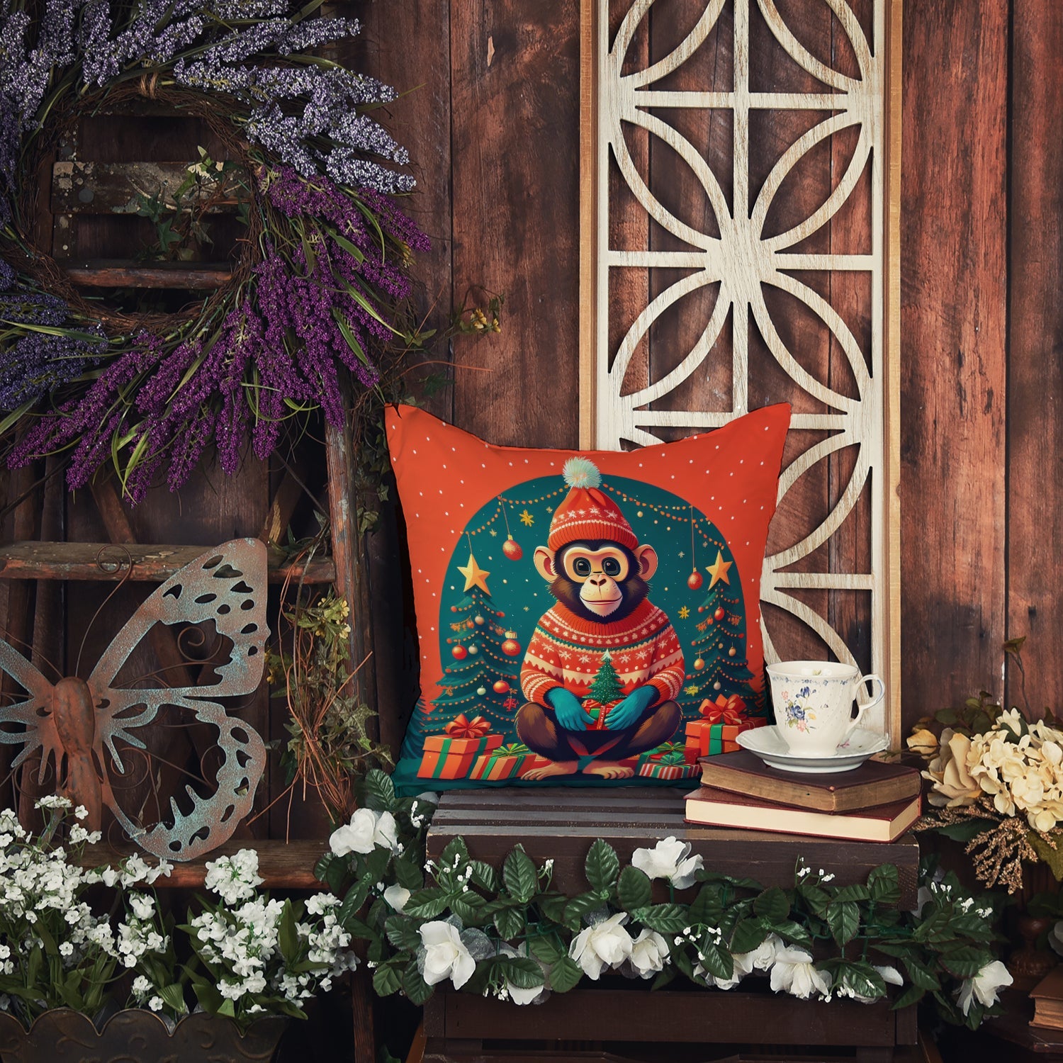 Monkey Christmas Decorative Throw Pillow 18x18 Indoor Outdoor Accent Cushion, Fabric Cover with Insert for Sofa, Bed, Porch & Living Room