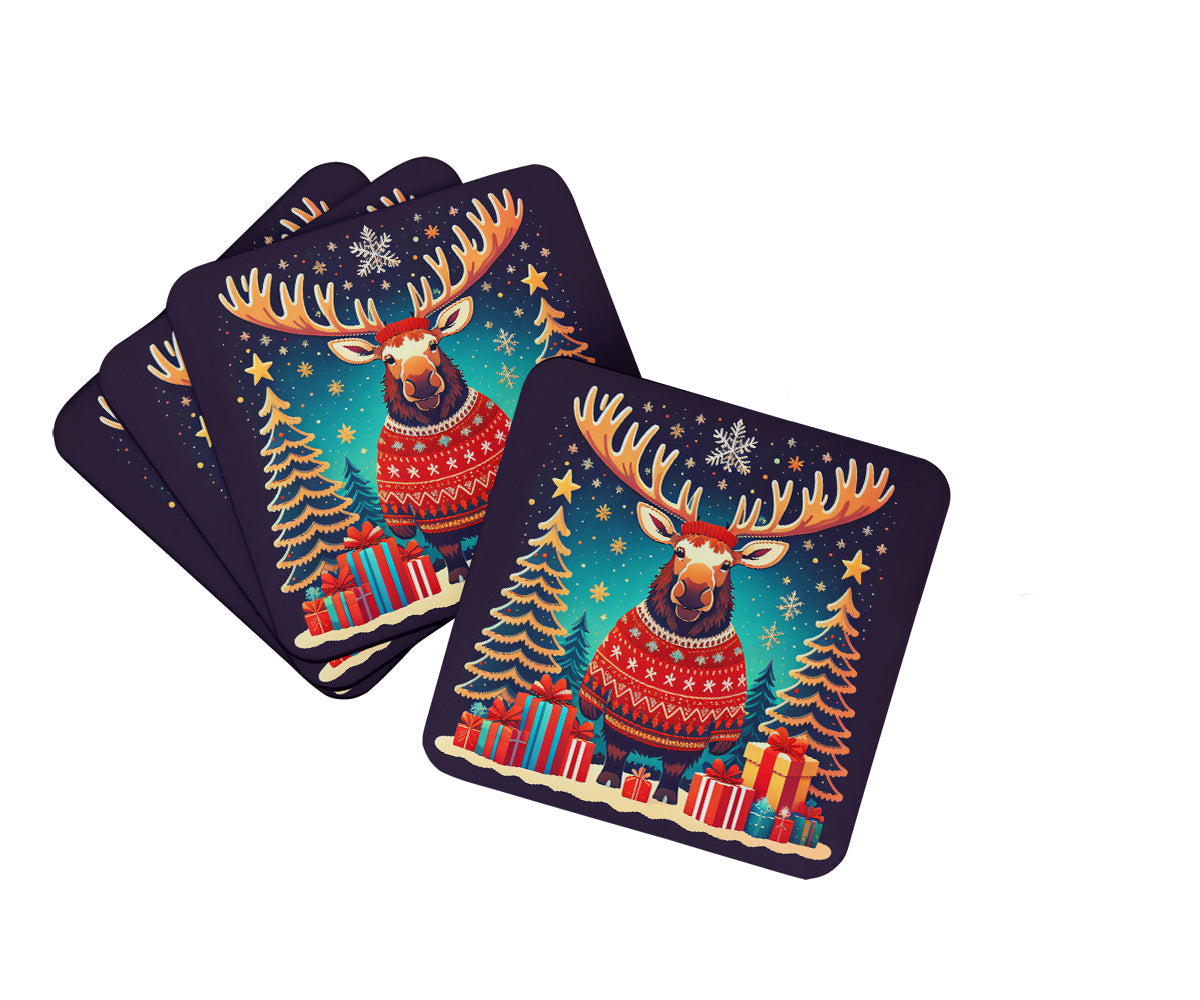 Moose Christmas Foam Coasters Set of 4 Cup Coasters for Indoor Outdoor, Tabletop Protection, Anti Slip, Mouse pad Material