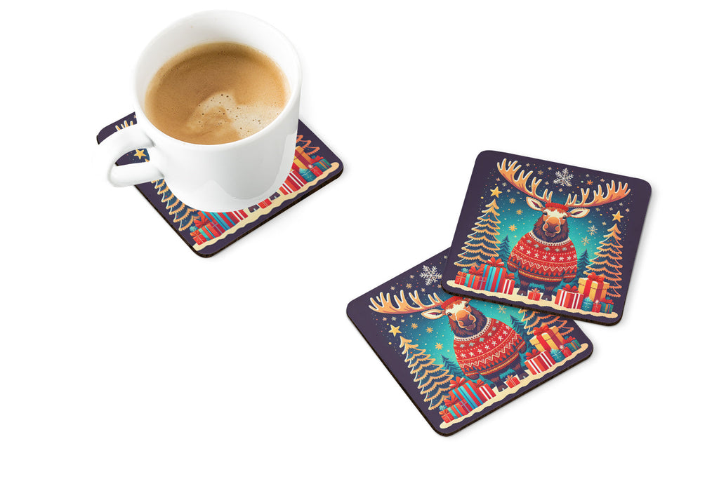 Moose Christmas Foam Coasters Set of 4 Cup Coasters for Indoor Outdoor, Tabletop Protection, Anti Slip, Mouse pad Material