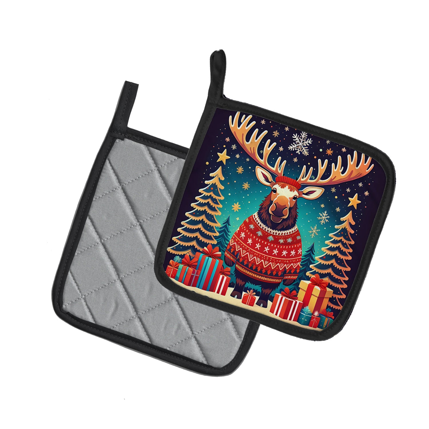 Moose Christmas Pot Holder Set of 2 Heat Resistant Quilted Hot Pads 7.5 x 7.5 Inch, Insulated Kitchen Trivets for Cooking & Baking