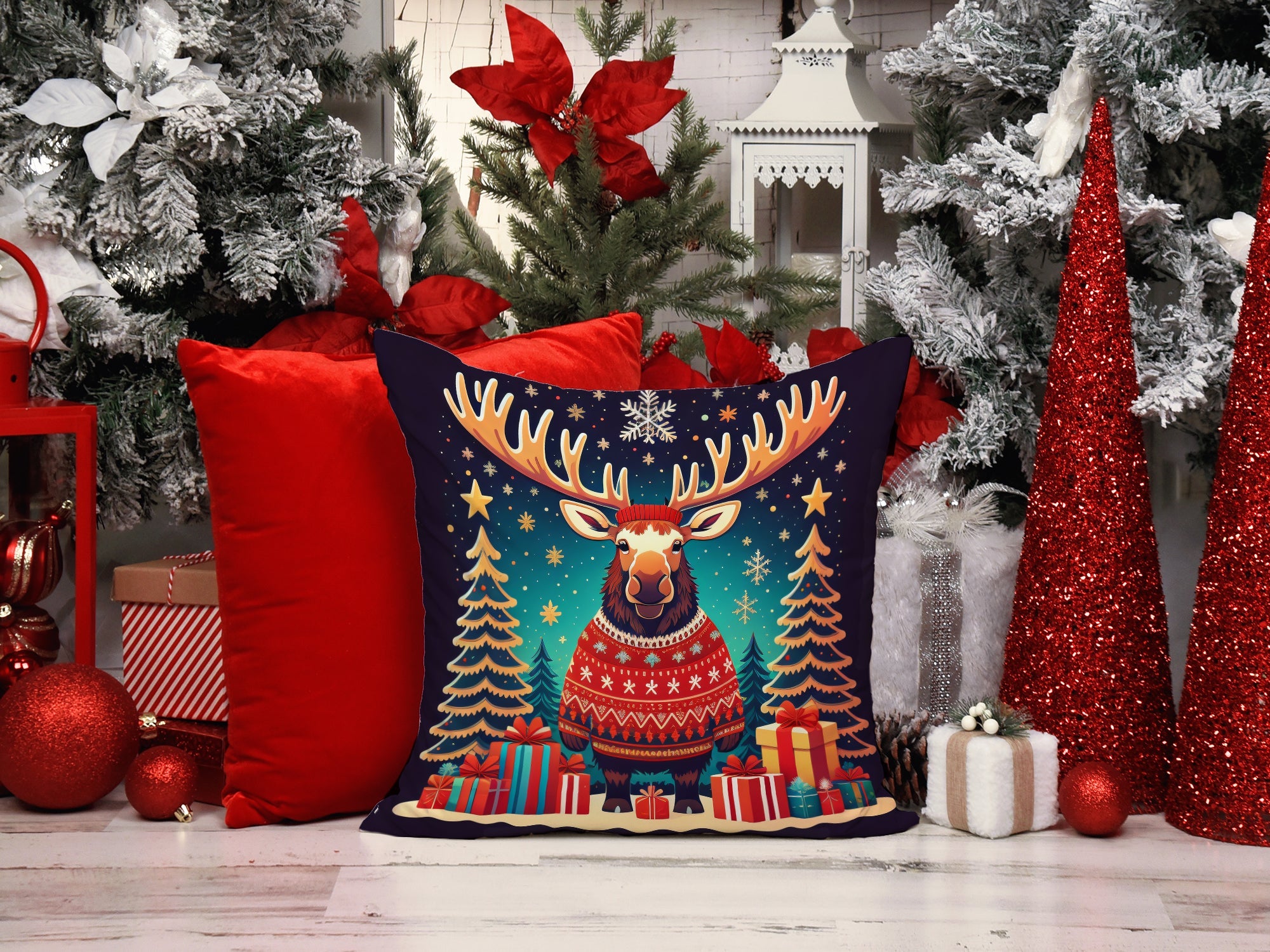 Moose Christmas Decorative Throw Pillow 18x18 Indoor Outdoor Accent Cushion, Fabric Cover with Insert for Sofa, Bed, Porch & Living Room