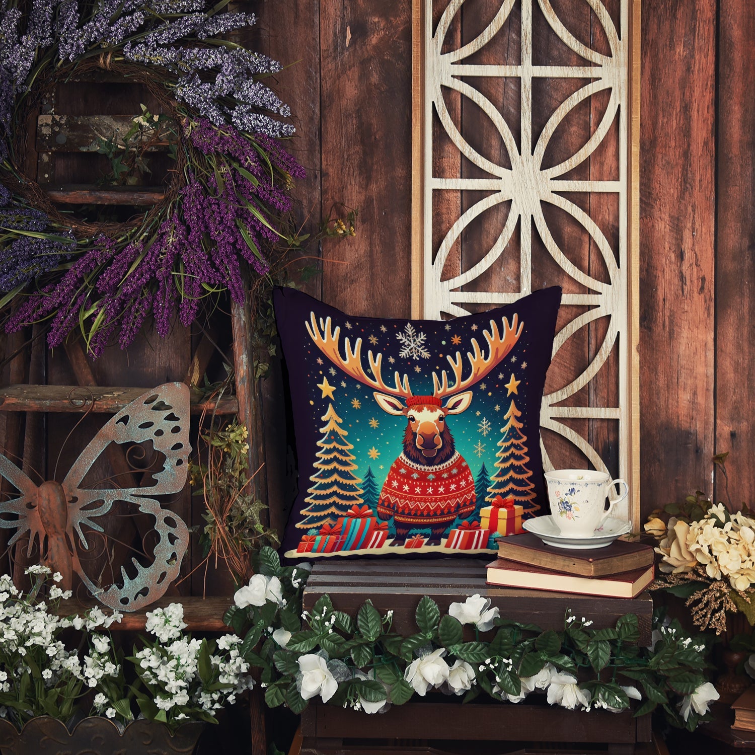 Moose Christmas Decorative Throw Pillow 18x18 Indoor Outdoor Accent Cushion, Fabric Cover with Insert for Sofa, Bed, Porch & Living Room