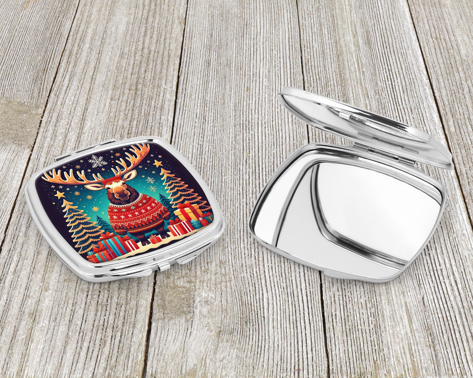 Moose Christmas Compact Mirror Decorative Travel Makeup Mirror for Women Girls Gifts Pocket Makeup Mirror Folding Handheld