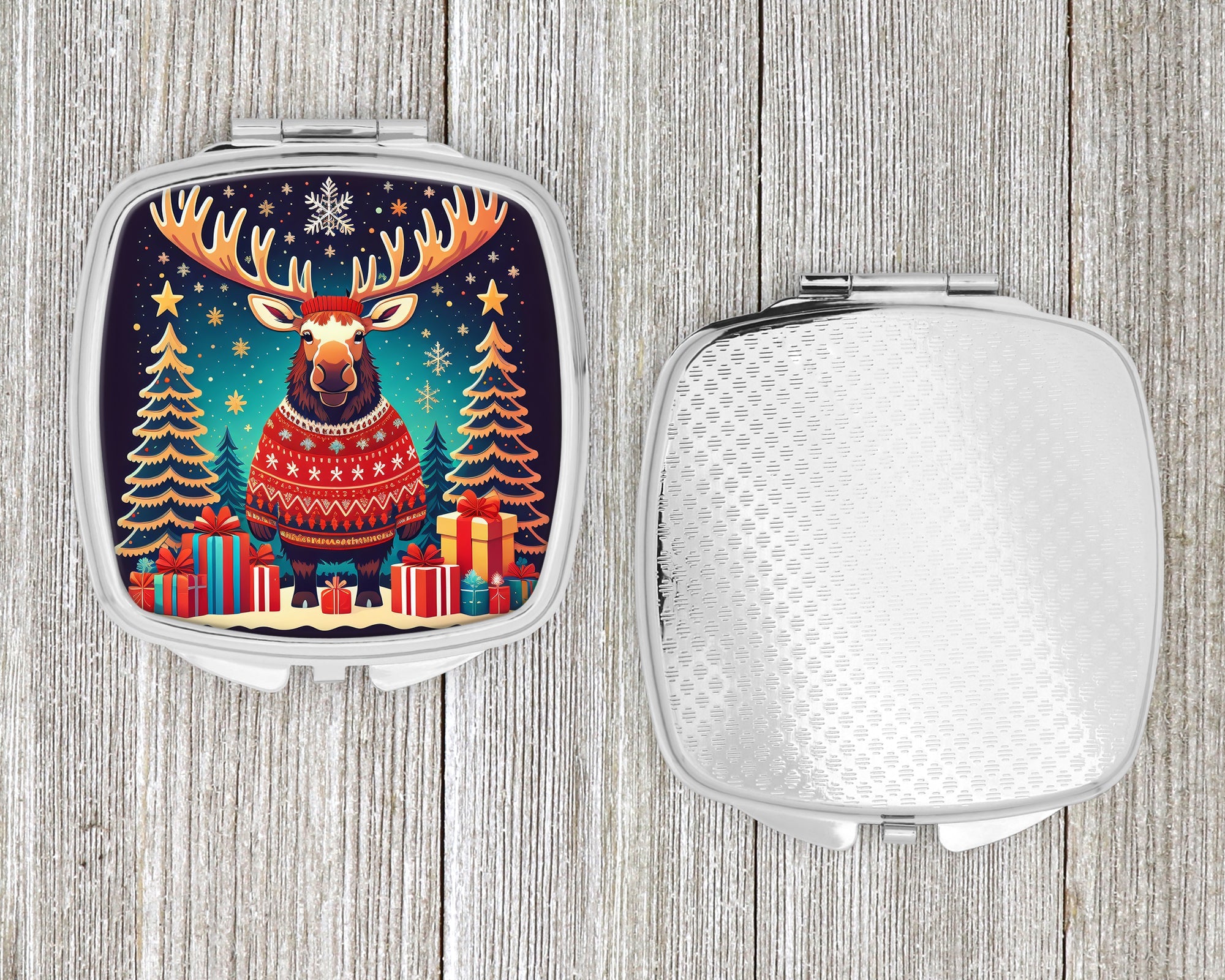 Moose Christmas Compact Mirror Decorative Travel Makeup Mirror for Women Girls Gifts Pocket Makeup Mirror Folding Handheld
