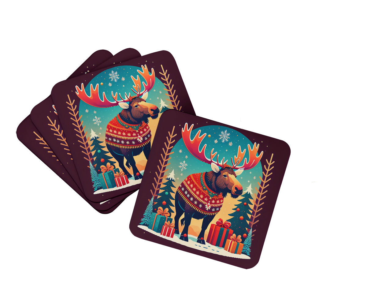 Moose Christmas Foam Coasters Set of 4 Cup Coasters for Indoor Outdoor, Tabletop Protection, Anti Slip, Mouse pad Material