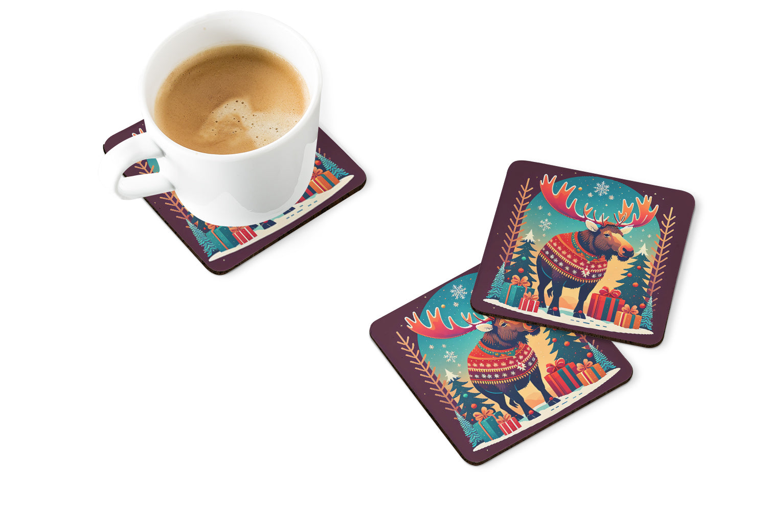 Moose Christmas Foam Coasters Set of 4 Cup Coasters for Indoor Outdoor, Tabletop Protection, Anti Slip, Mouse pad Material