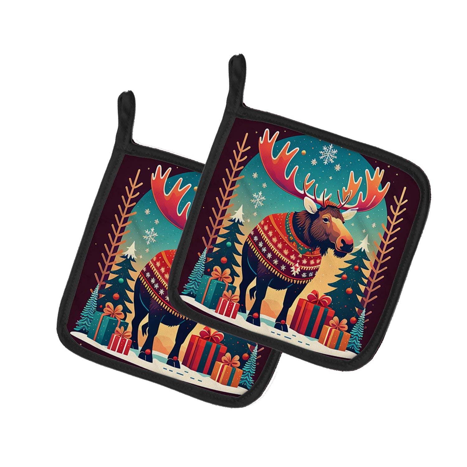 Moose Christmas Pot Holder Set of 2 Heat Resistant Quilted Hot Pads 7.5 x 7.5 Inch, Insulated Kitchen Trivets for Cooking & Baking