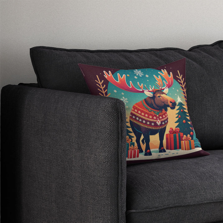Moose Christmas Decorative Throw Pillow 14x14 Indoor Outdoor Accent Cushion, Fabric Cover with Insert for Sofa, Bed, Porch & Living Room