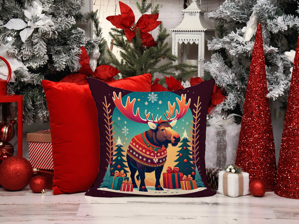 Moose Christmas Decorative Throw Pillow 18x18 Indoor Outdoor Accent Cushion, Fabric Cover with Insert for Sofa, Bed, Porch & Living Room