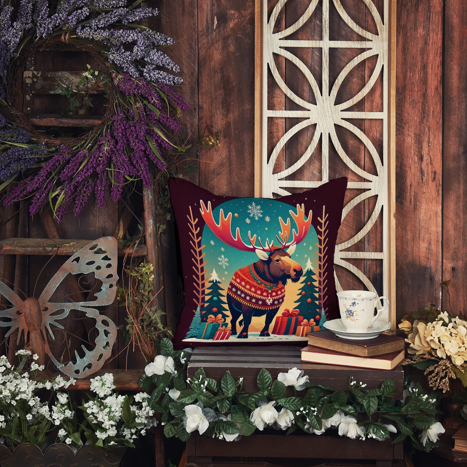 Moose Christmas Decorative Throw Pillow 18x18 Indoor Outdoor Accent Cushion, Fabric Cover with Insert for Sofa, Bed, Porch & Living Room