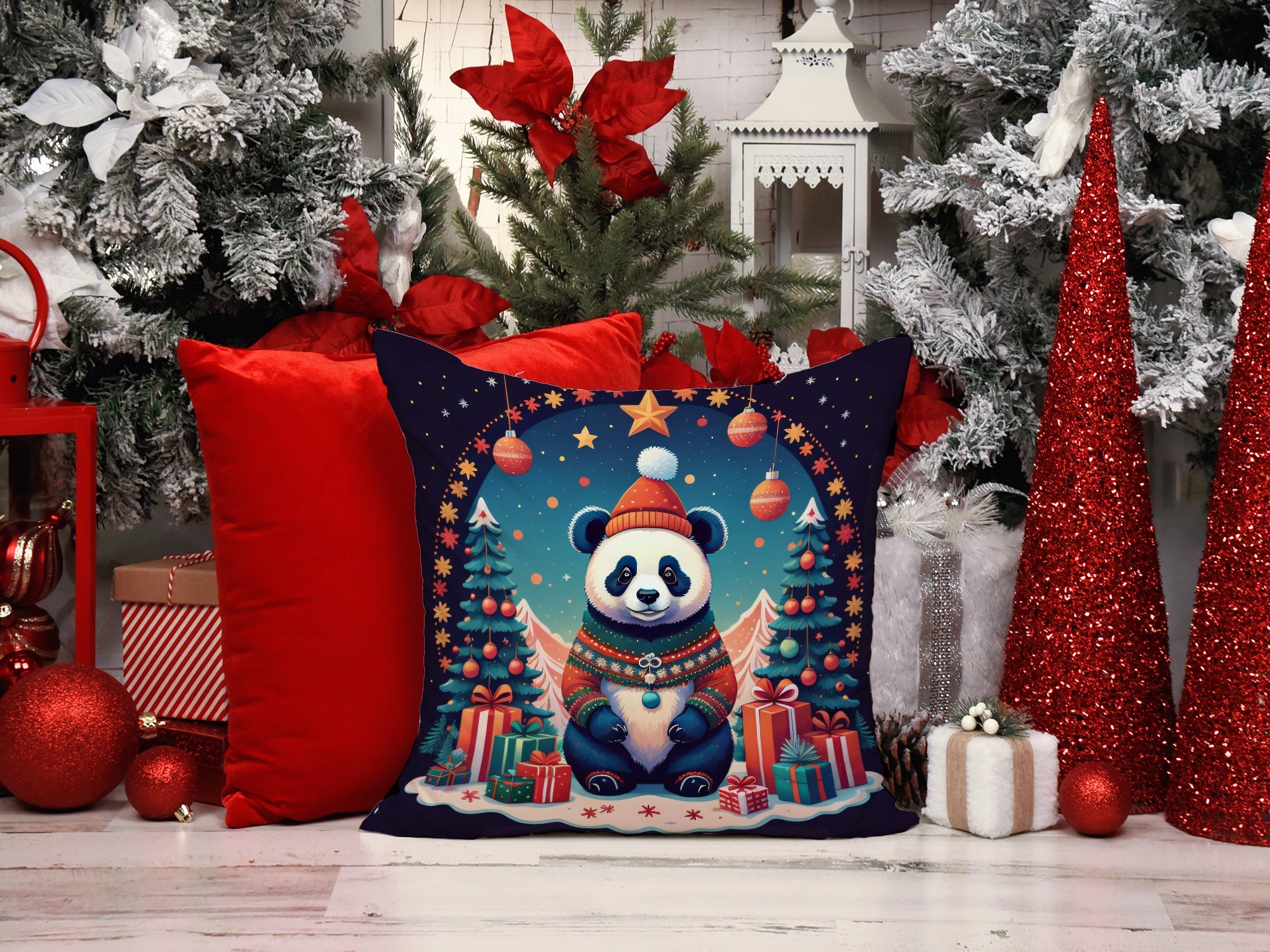 Panda Christmas Decorative Throw Pillow 14x14 Indoor Outdoor Accent Cushion, Fabric Cover with Insert for Sofa, Bed, Porch & Living Room