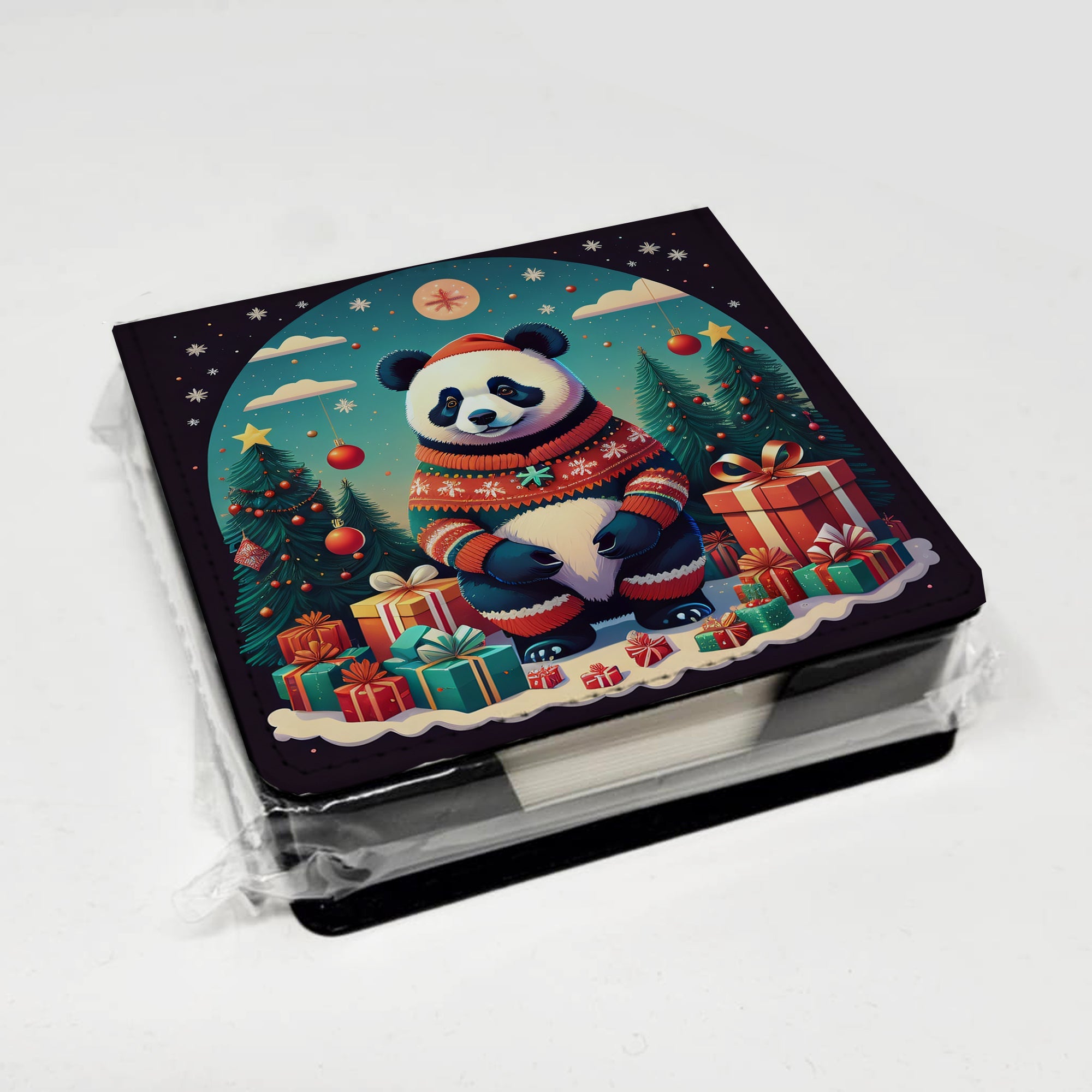 Panda Christmas PU Leather Note Paper Holder with Artist-Designed Cover, Desk Accessory, Office Gift