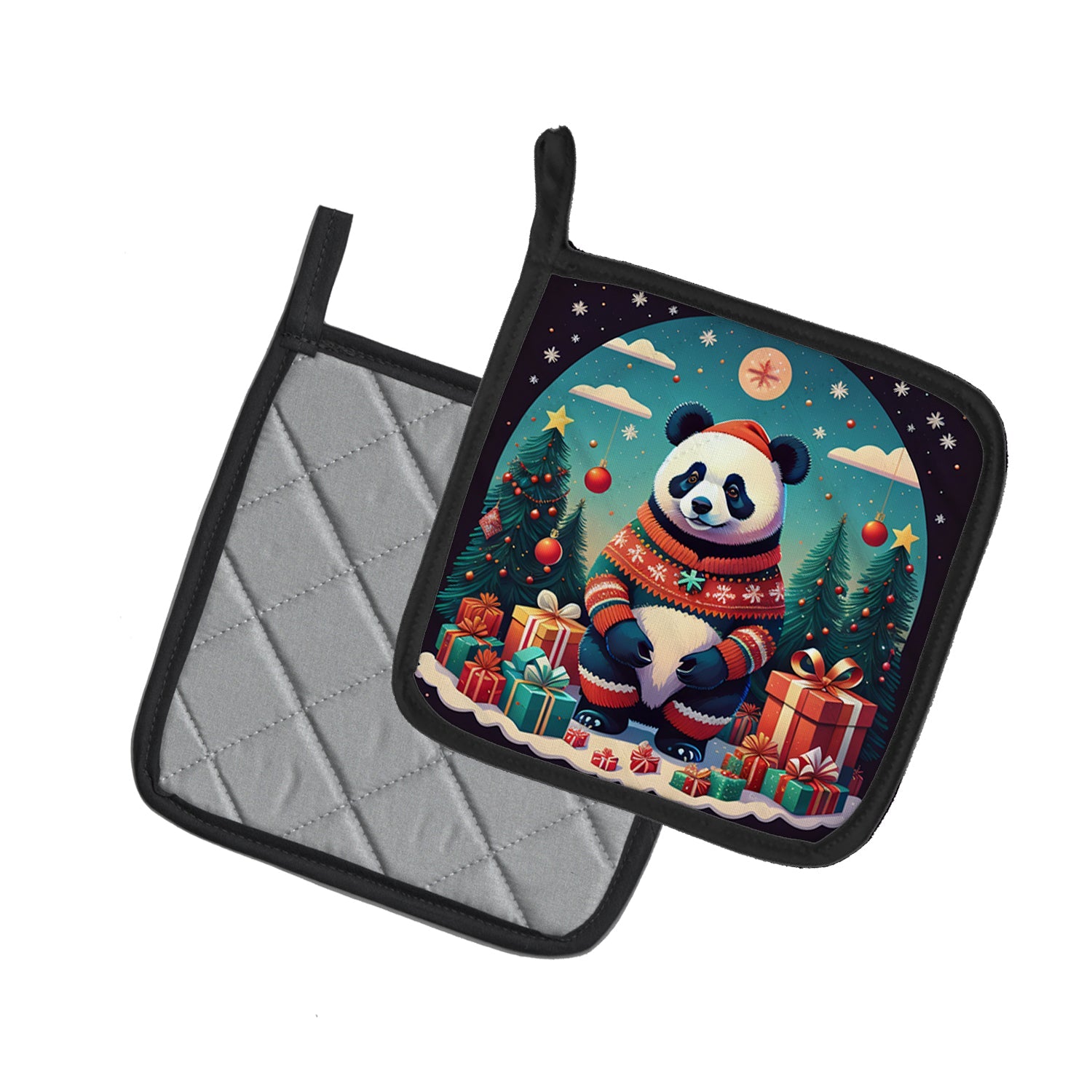 Panda Christmas Pot Holder Set of 2 Heat Resistant Quilted Hot Pads 7.5 x 7.5 Inch, Insulated Kitchen Trivets for Cooking & Baking