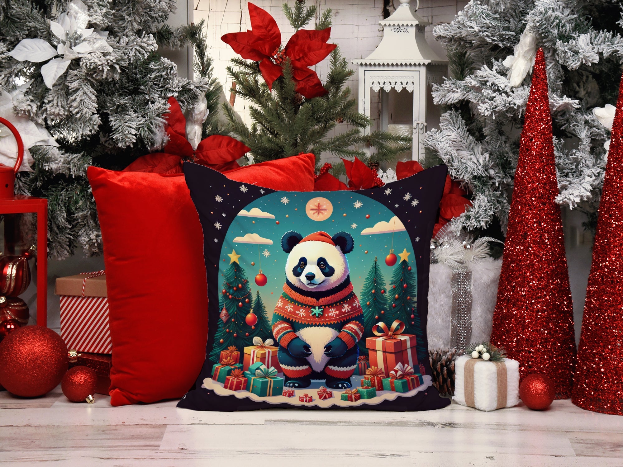 Panda Christmas Decorative Throw Pillow 14x14 Indoor Outdoor Accent Cushion, Fabric Cover with Insert for Sofa, Bed, Porch & Living Room