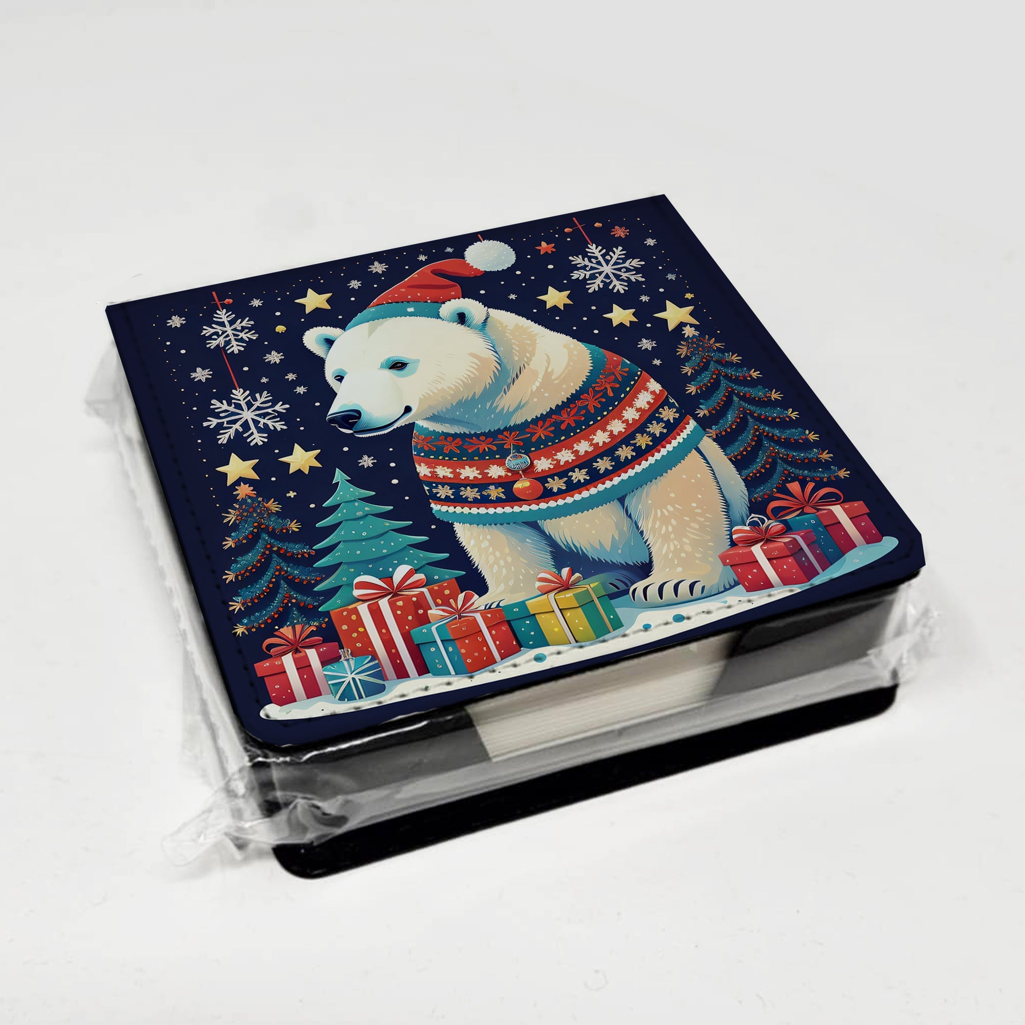 Polar Bear Christmas PU Leather Note Paper Holder with Artist-Designed Cover, Desk Accessory, Office Gift